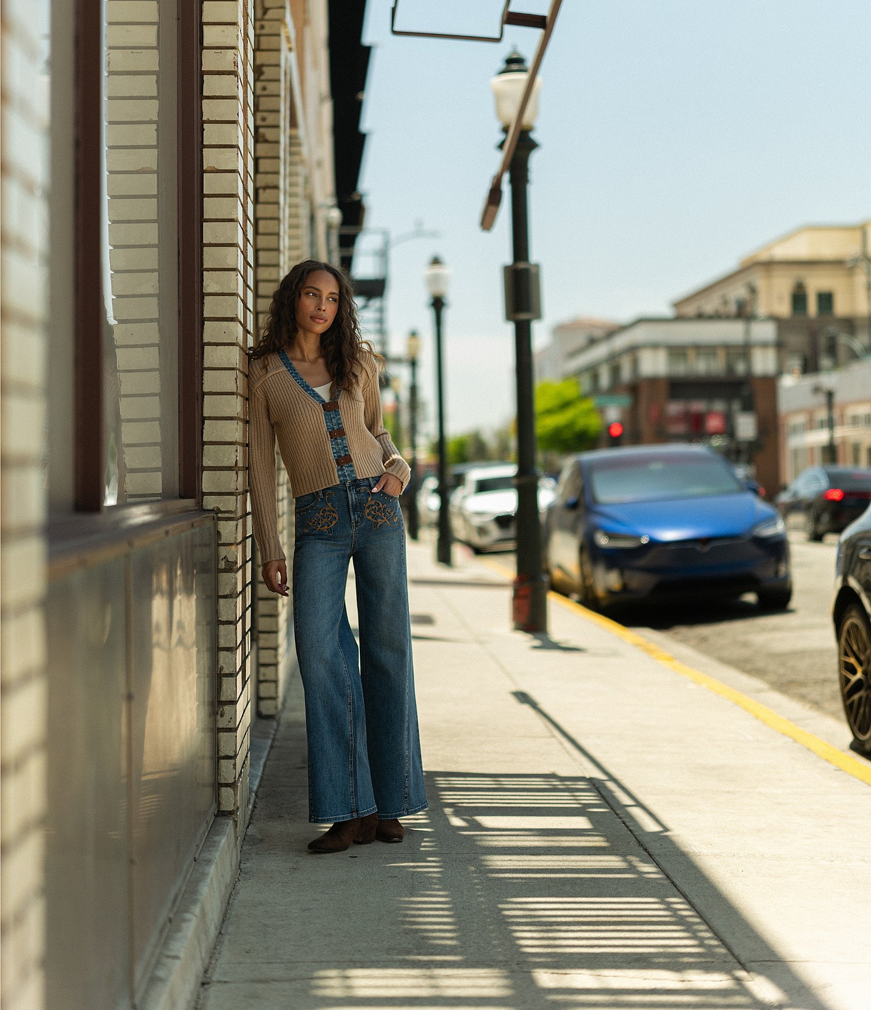 City Blues Denim Studded Seam Embroidered Front Wide Leg Jeans