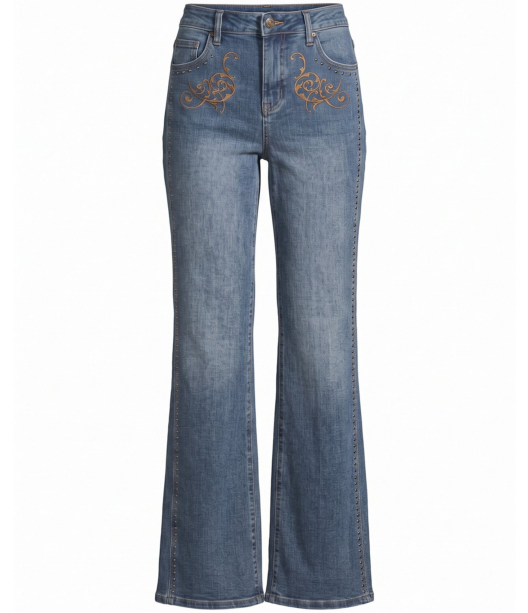 City Blues Denim Studded Seam Embroidered Front Wide Leg Jeans