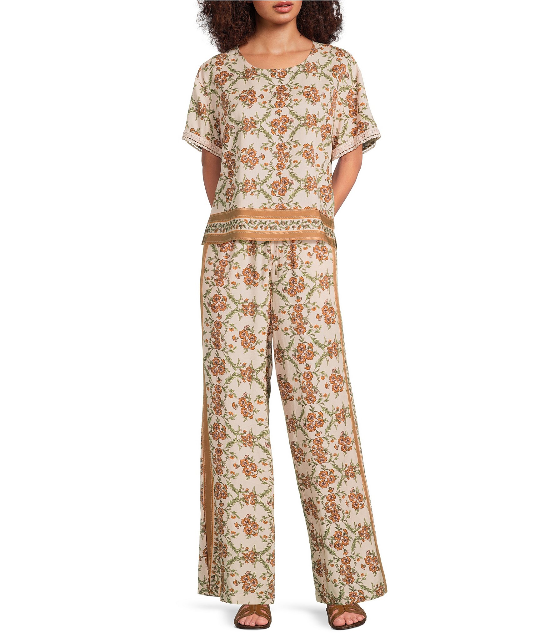 City Blues Floral Side Slit Lounge Pull-On Pants