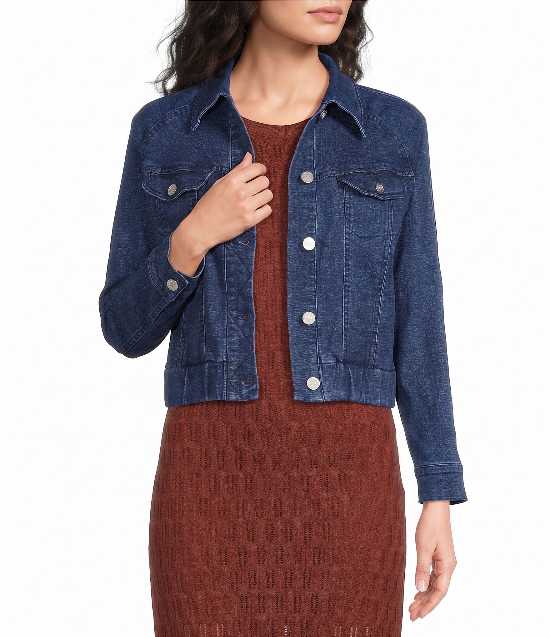City Blues Petite Size Denim Point Collar Long Sleeve Button Front Bomber Jacket