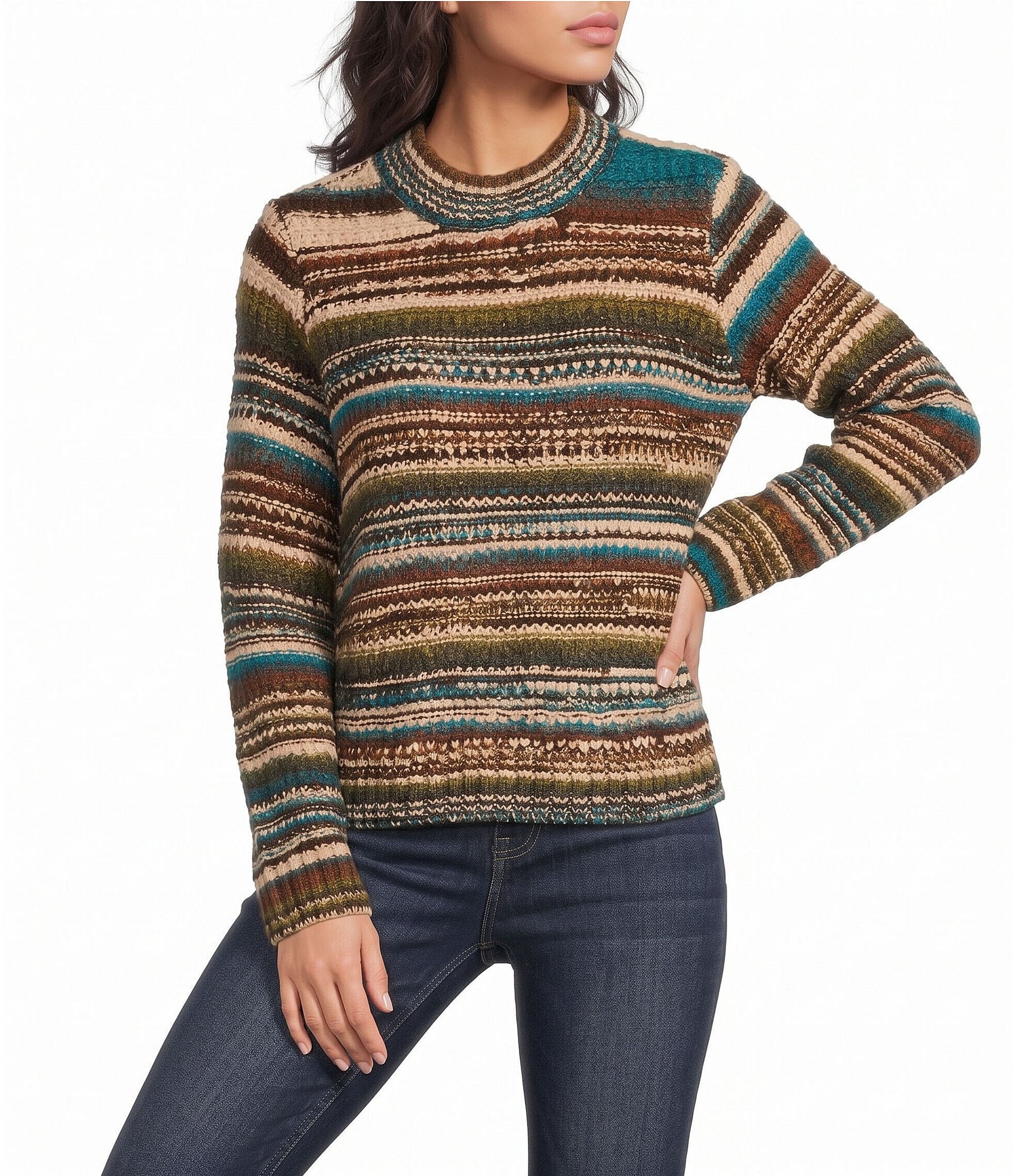 City Blues Petite Size Knit Mixed Stripe Mock Neck Long Sleeve Sweater