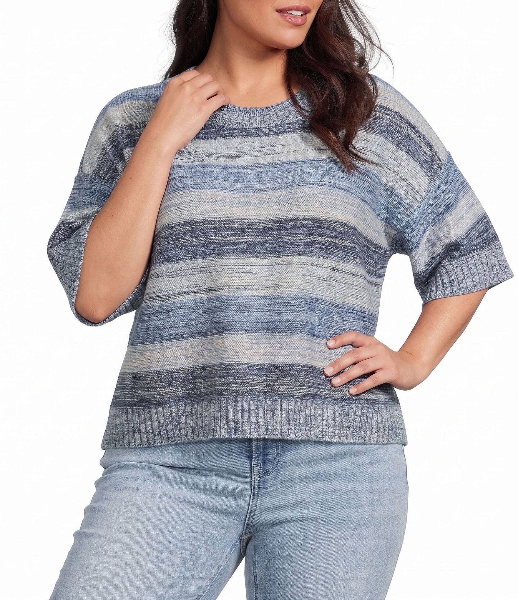 City Blues Plus Size Broome Melange Stripe Crew Neck Short Sleeve Sweater