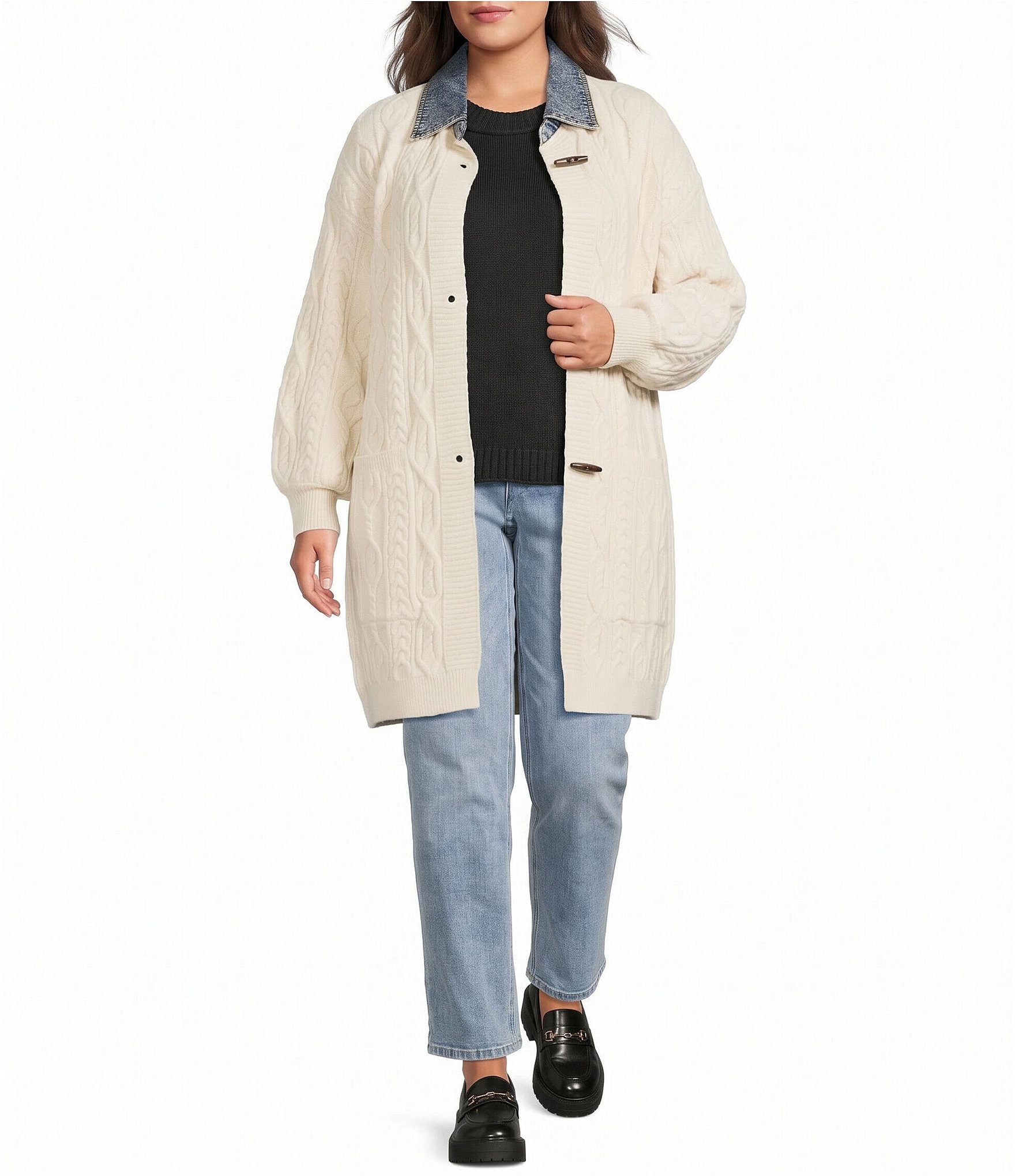 City Blues Plus Size Cable Knit Denim Collar Long Sleeve Front Clasp Cardigan