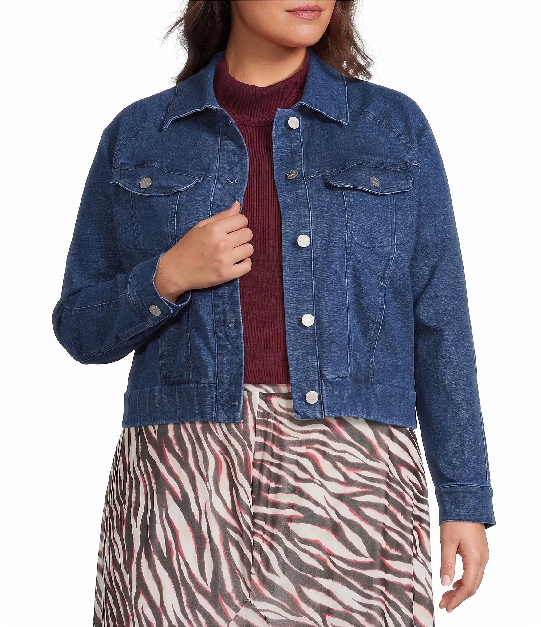 City Blues Plus Size Denim Point Collar Long Sleeve Button Front Bomber Jacket