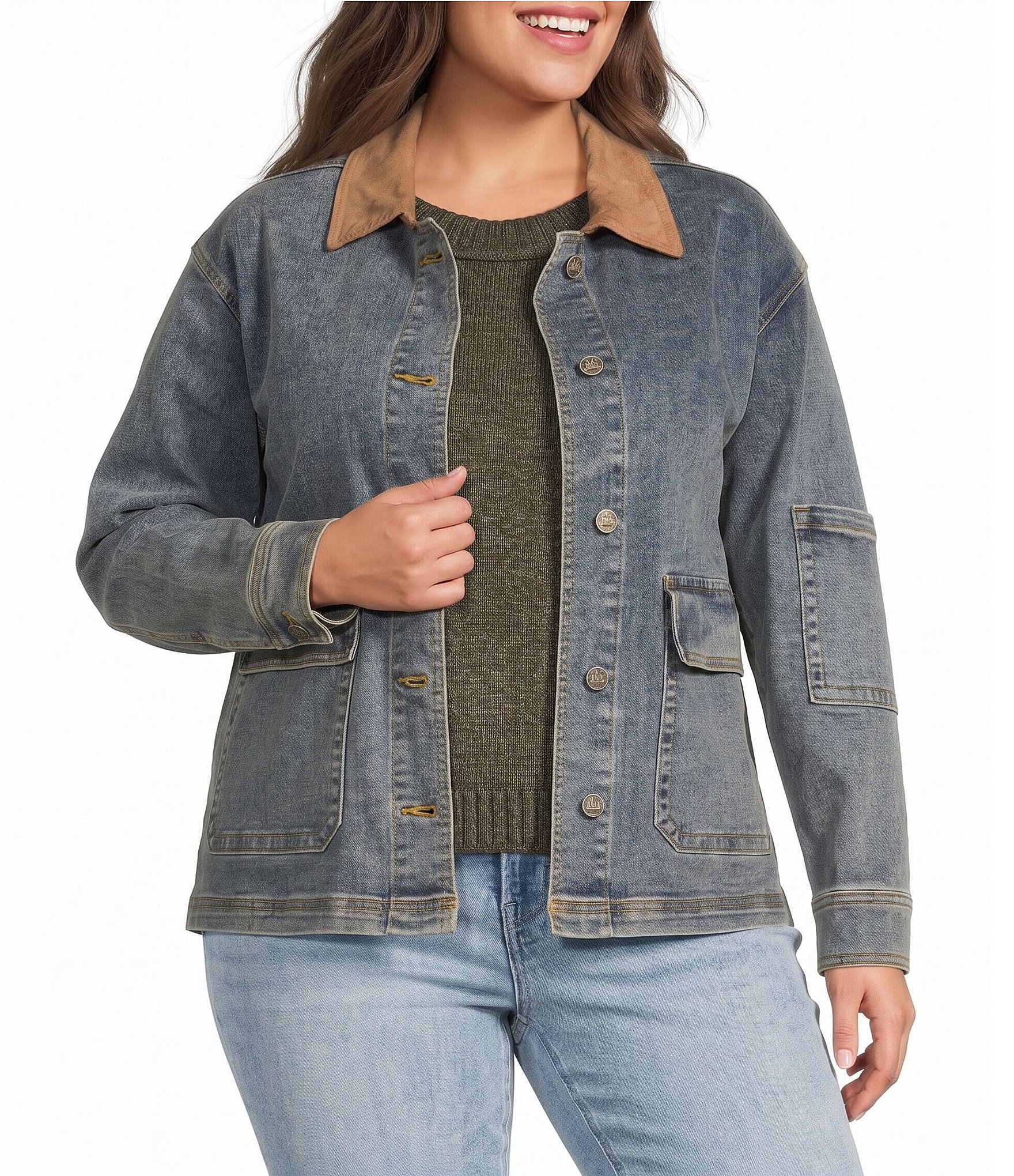 City Blues Plus Size Denim Suede Point Collar Long Sleeve Button Front Jacket