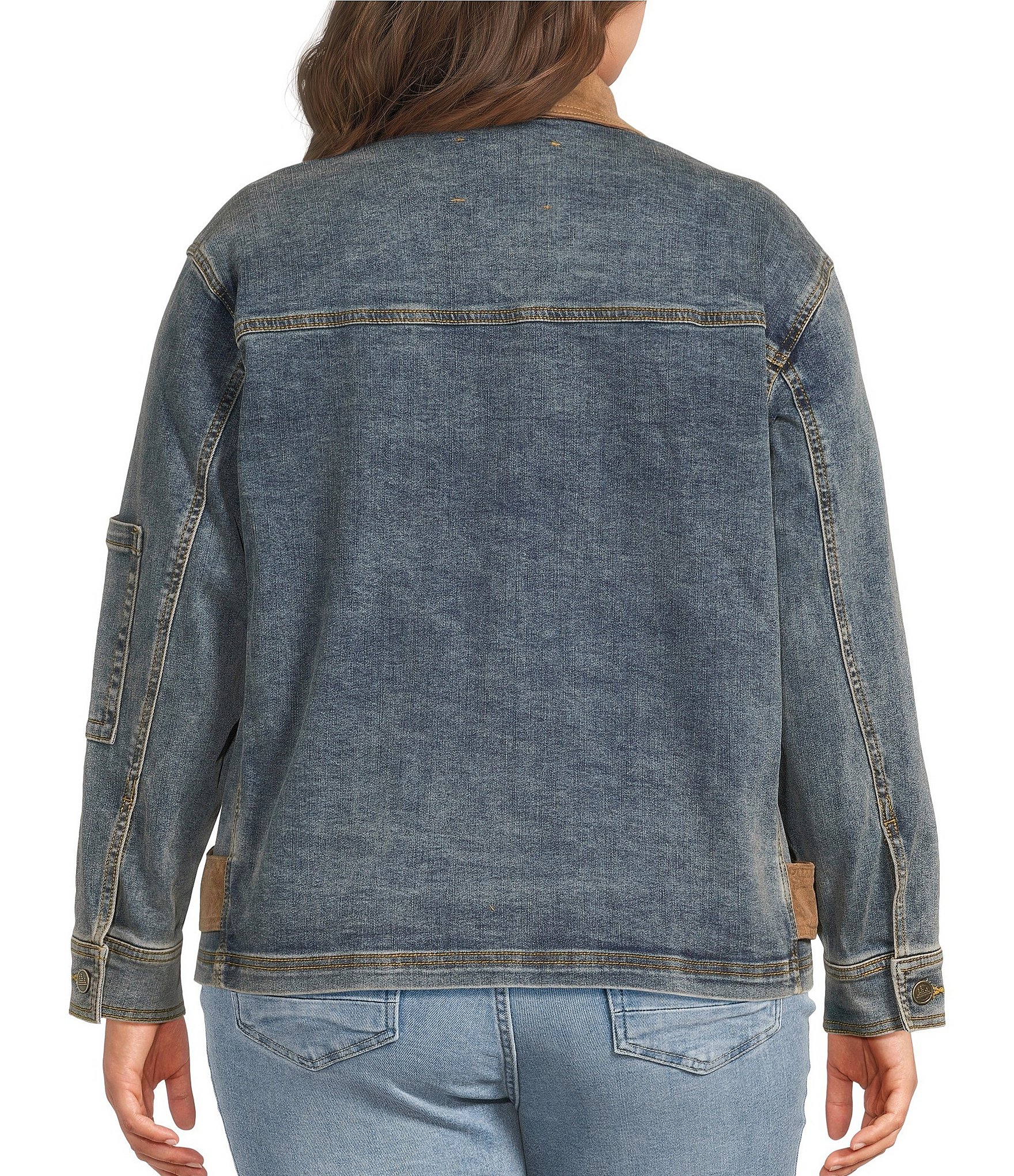City Blues Plus Size Denim Suede Point Collar Long Sleeve Button Front Jacket