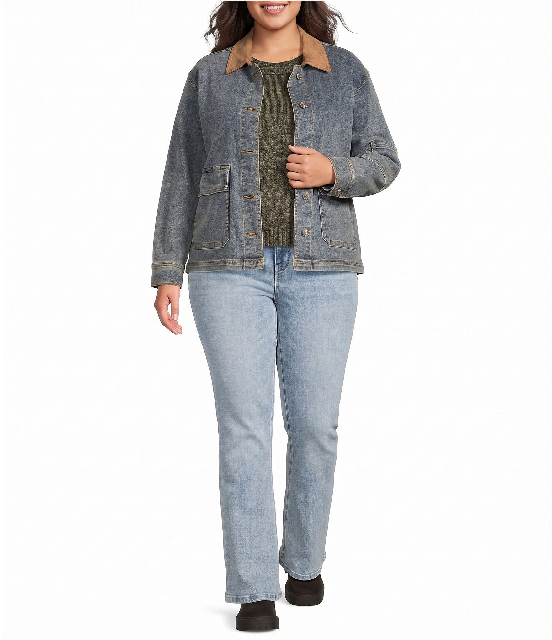 City Blues Plus Size Denim Suede Point Collar Long Sleeve Button Front Jacket