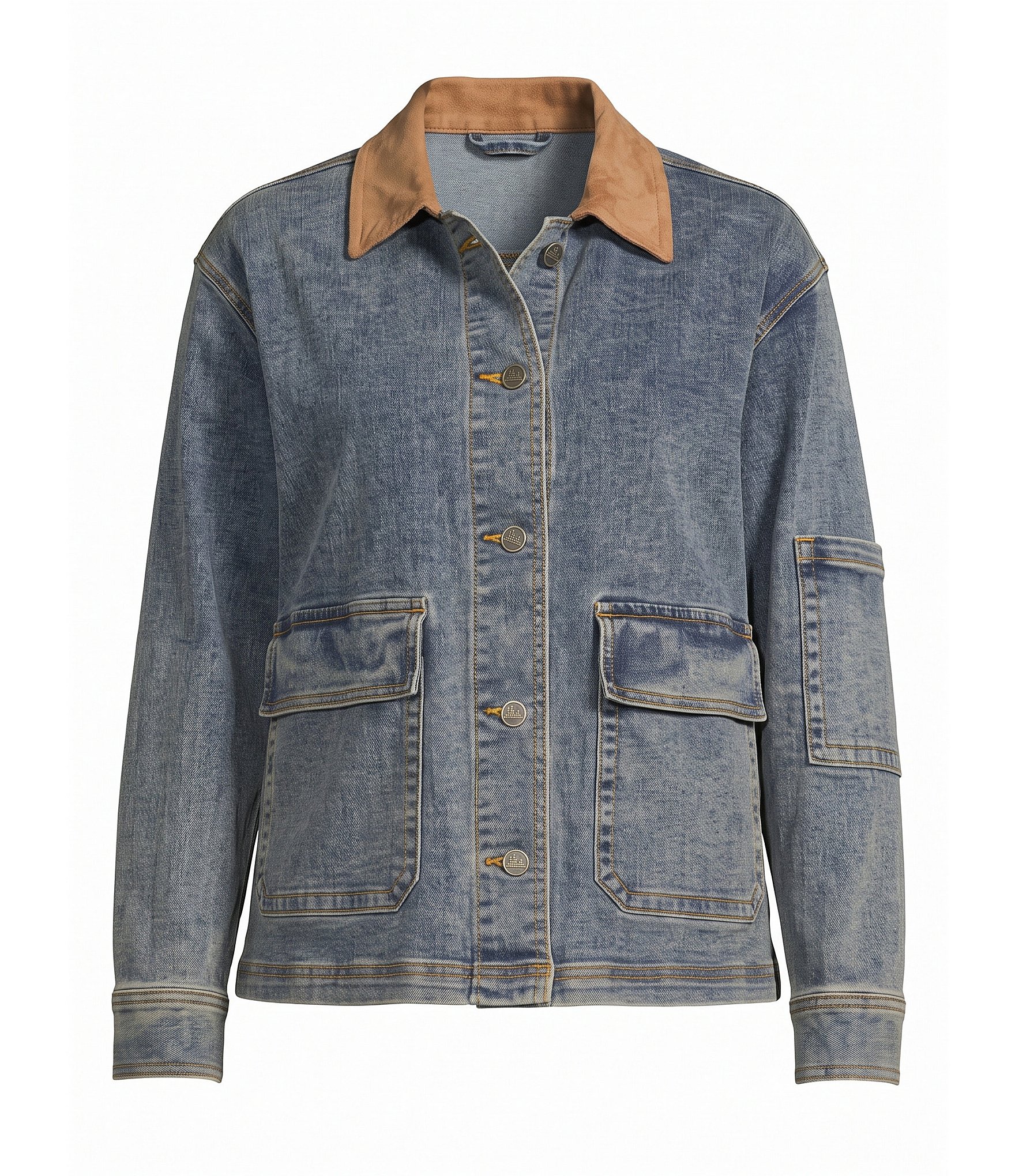 City Blues Plus Size Denim Suede Point Collar Long Sleeve Button Front Jacket