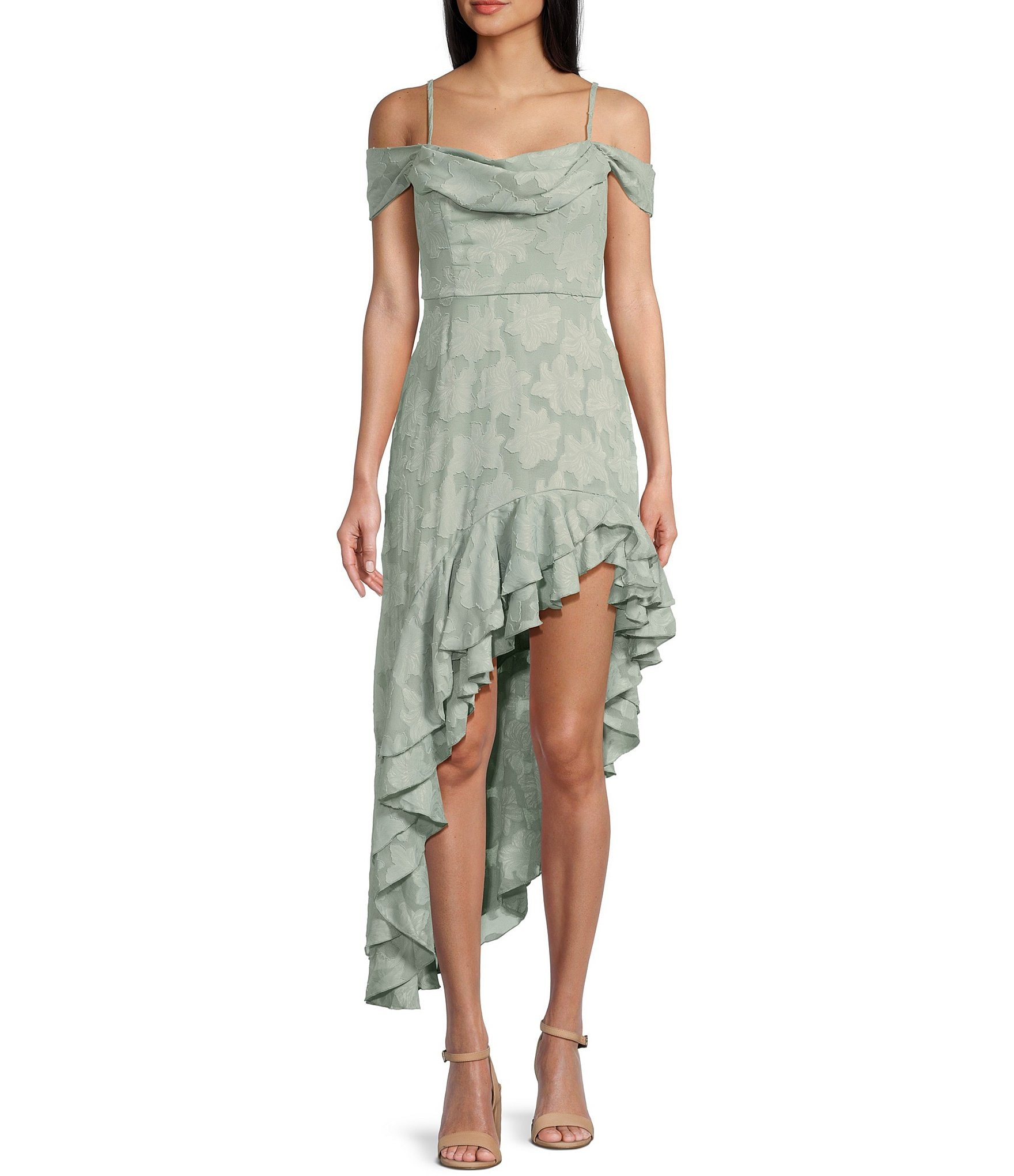 City Vibe Drape Neck Off-The-Shoulder Ruffled Asymmetric