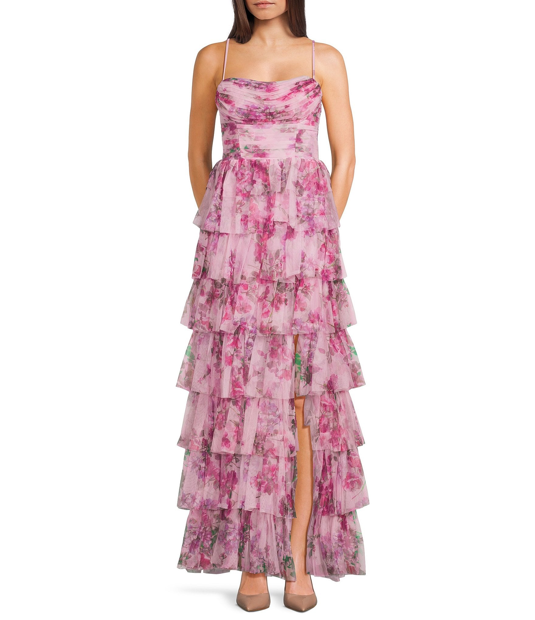 City Vibe Floral Printed Mesh Sweetheart Neck Side Slit Tiered Ruffle Long Dress