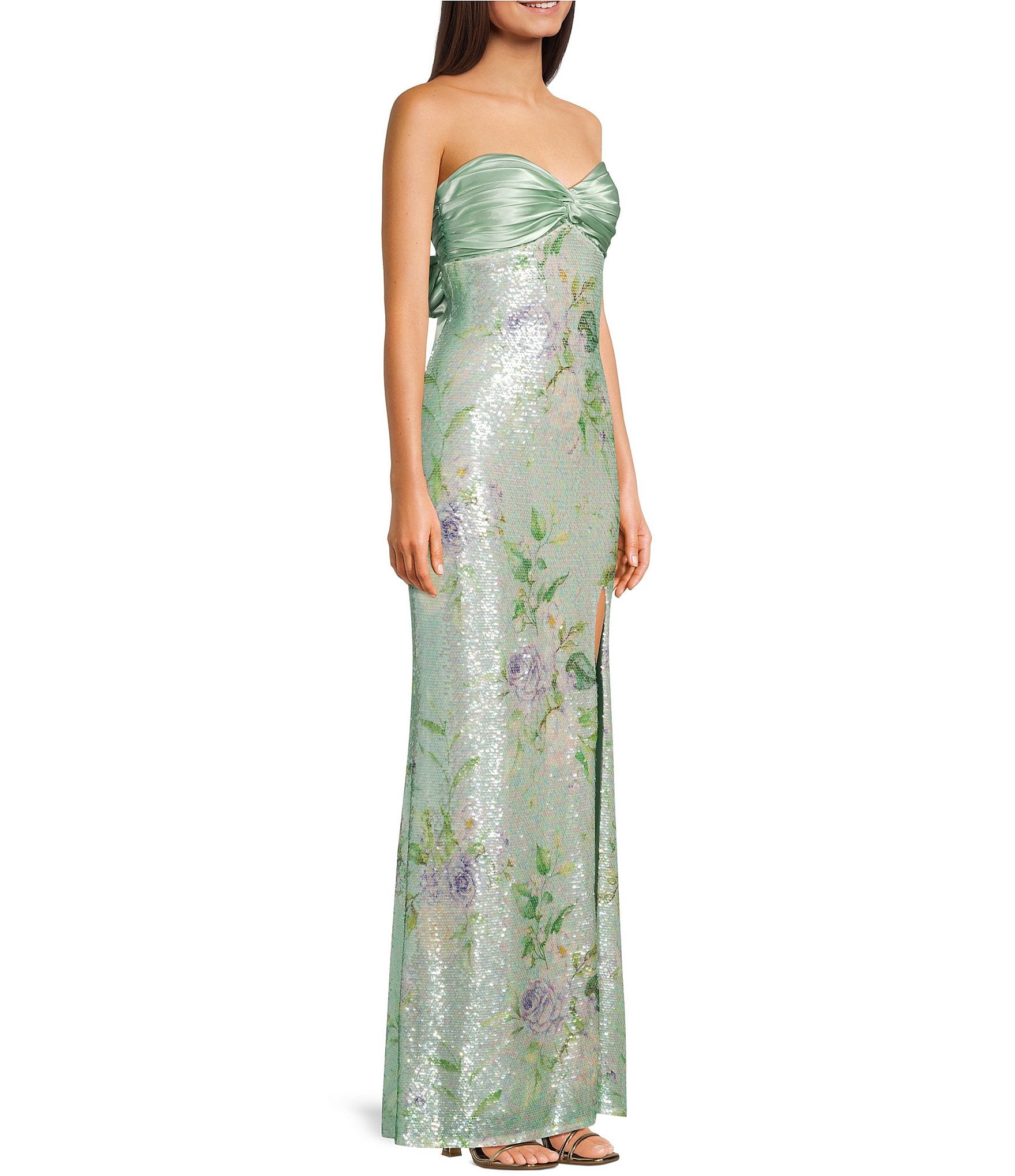 City Vibe Floral Printed Sequin Mesh Twist Front Bandeau Side Slit Dress