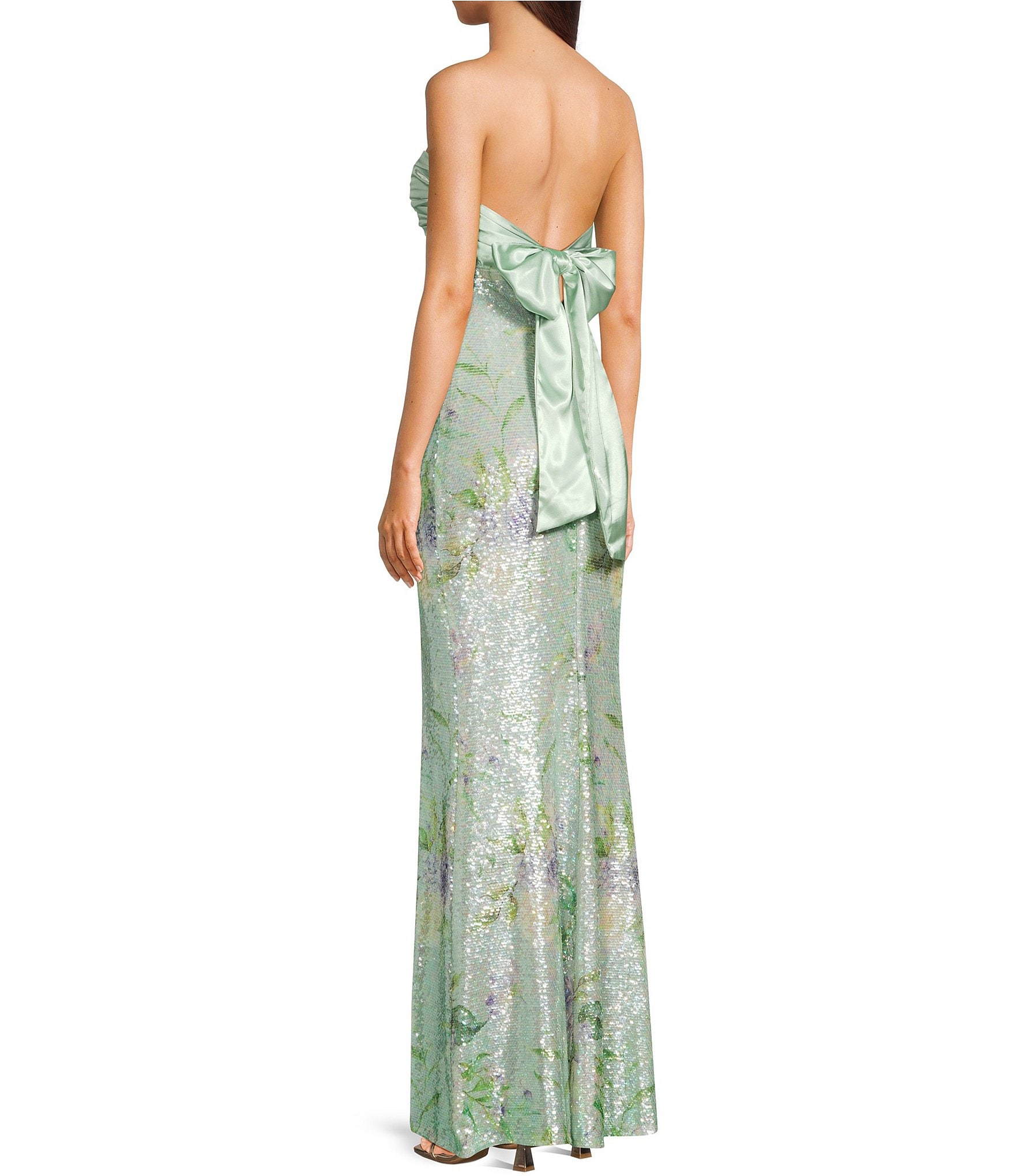 City Vibe Floral Printed Sequin Mesh Twist Front Bandeau Side Slit Dress