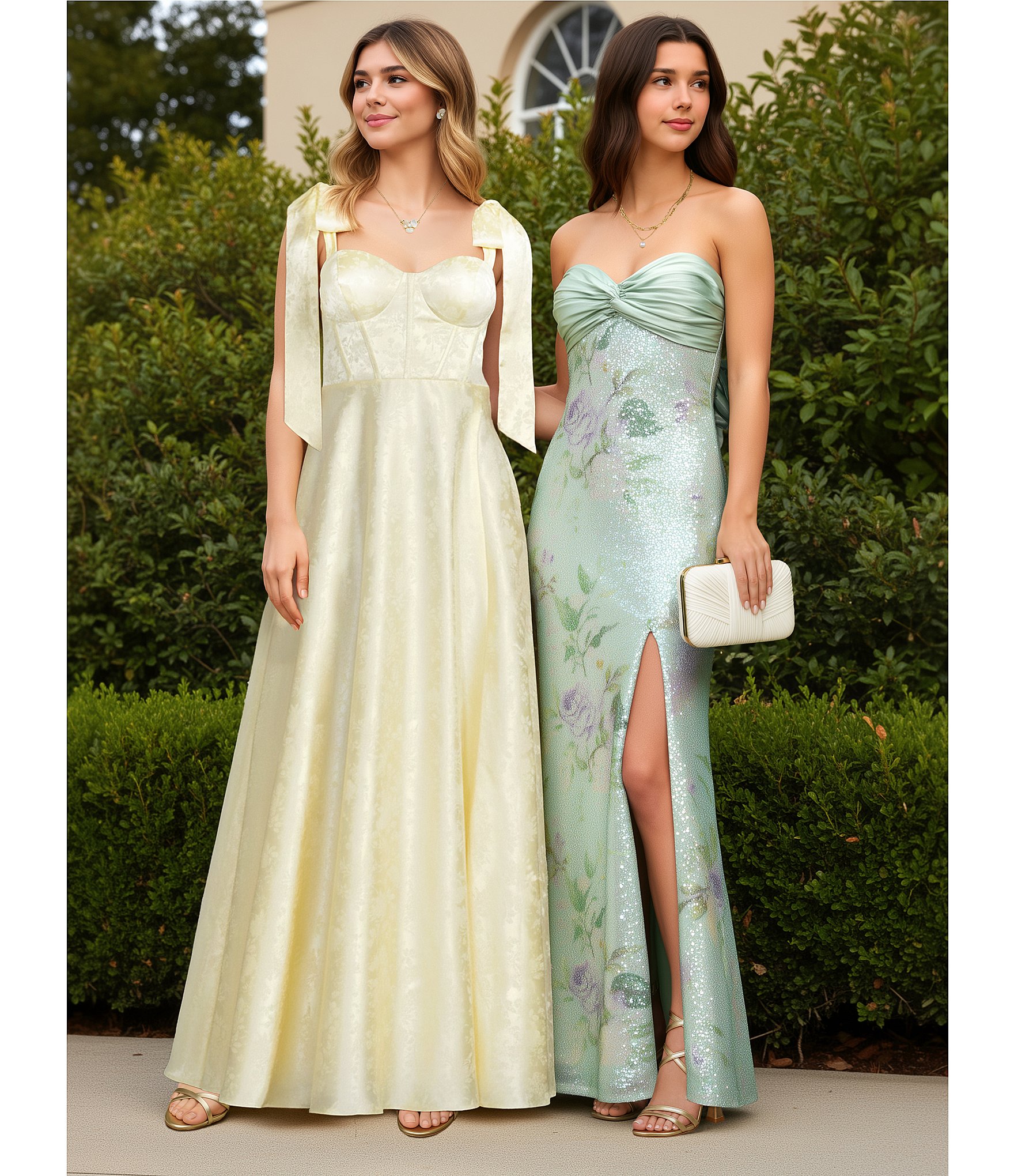 City Vibe Floral Printed Sequin Mesh Twist Front Bandeau Side Slit Dress