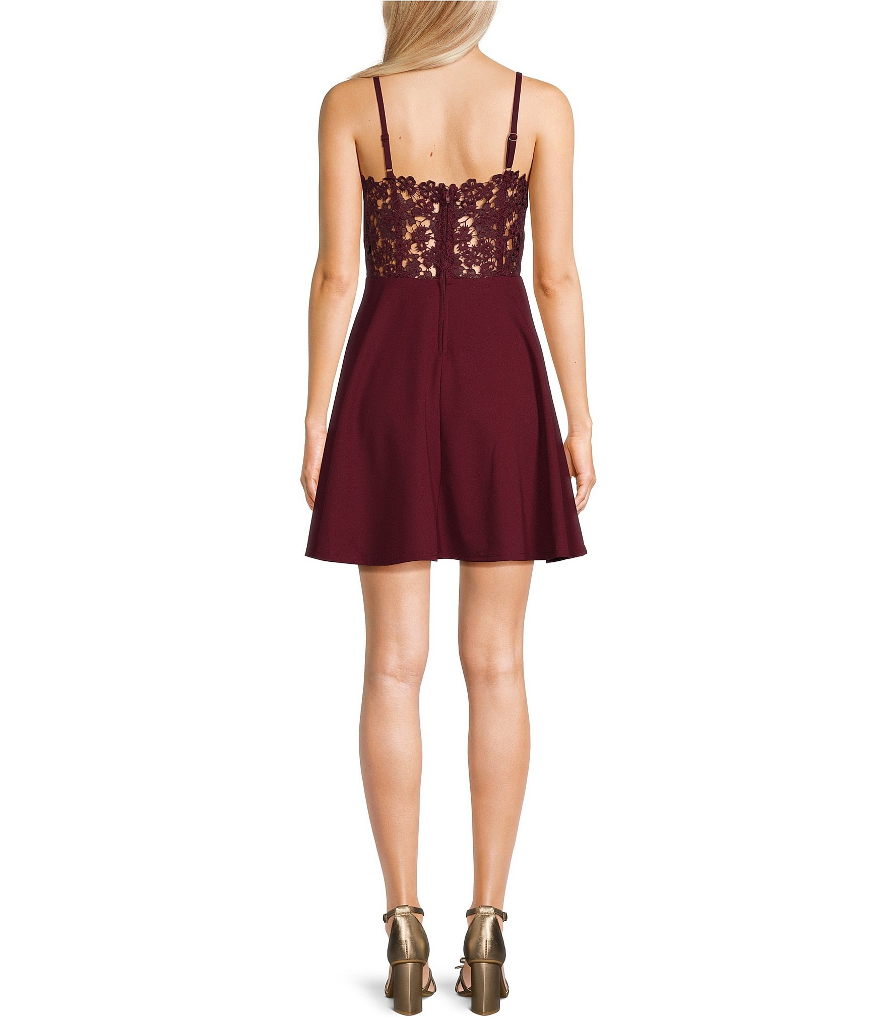 City Vibe Lace Illusion Back Fit-And-Flare Lace Back Mini Dress