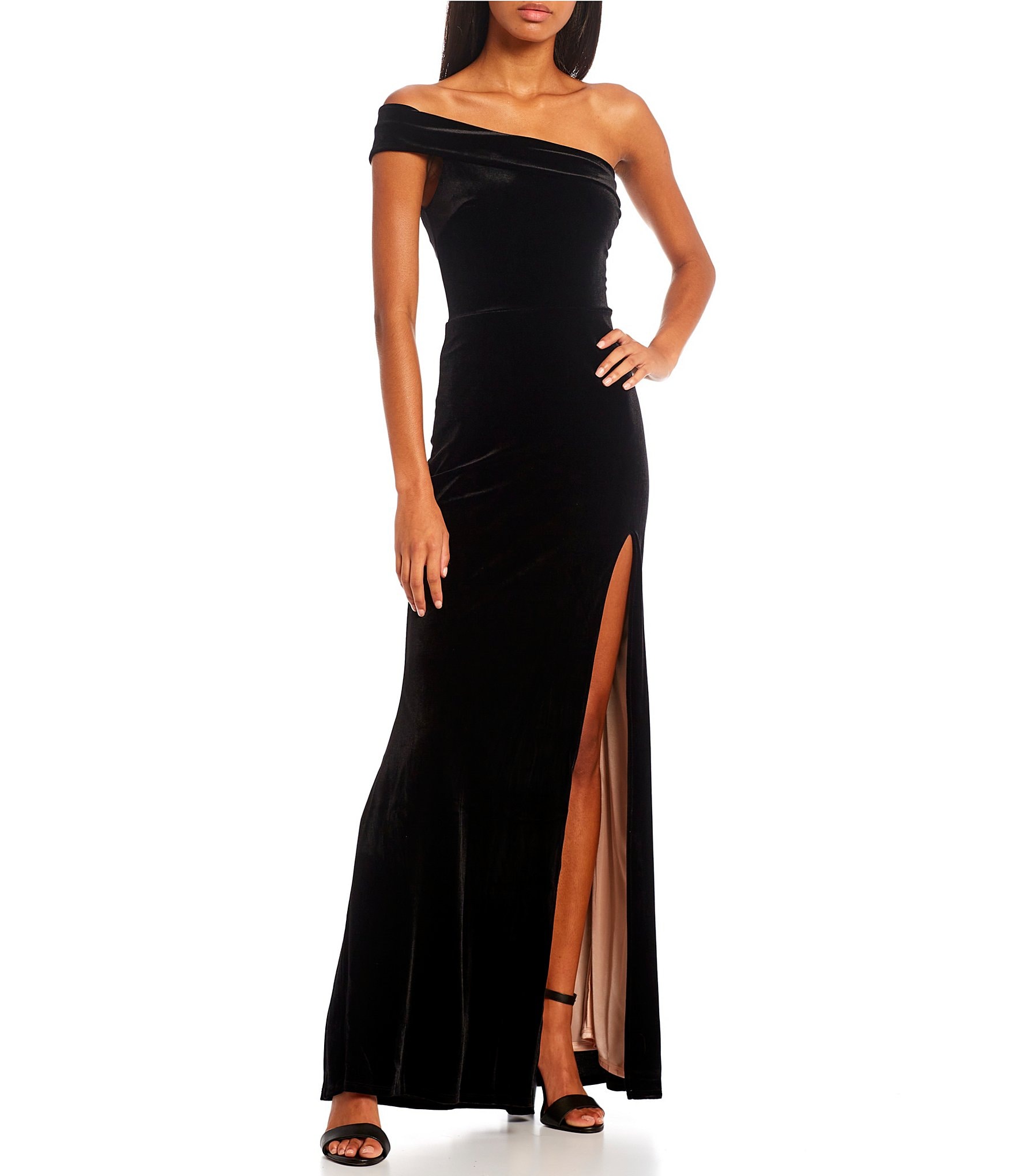 City Vibe One-Shoulder Side Slit Long Velvet Dress | Dillard's