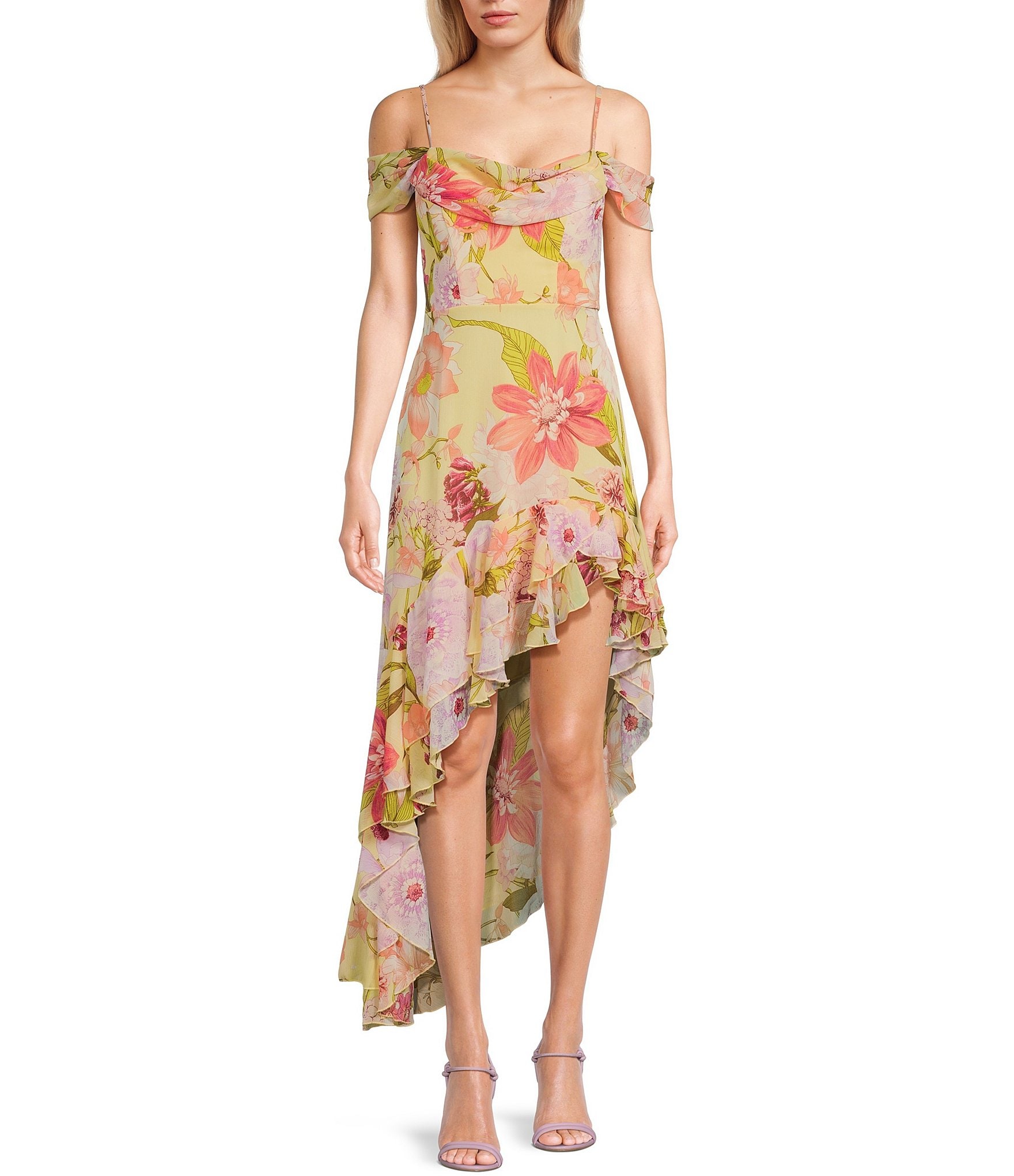 City Vibe Sleeveless Ruffle Floral Printed Hi-Low Asymmetrical 