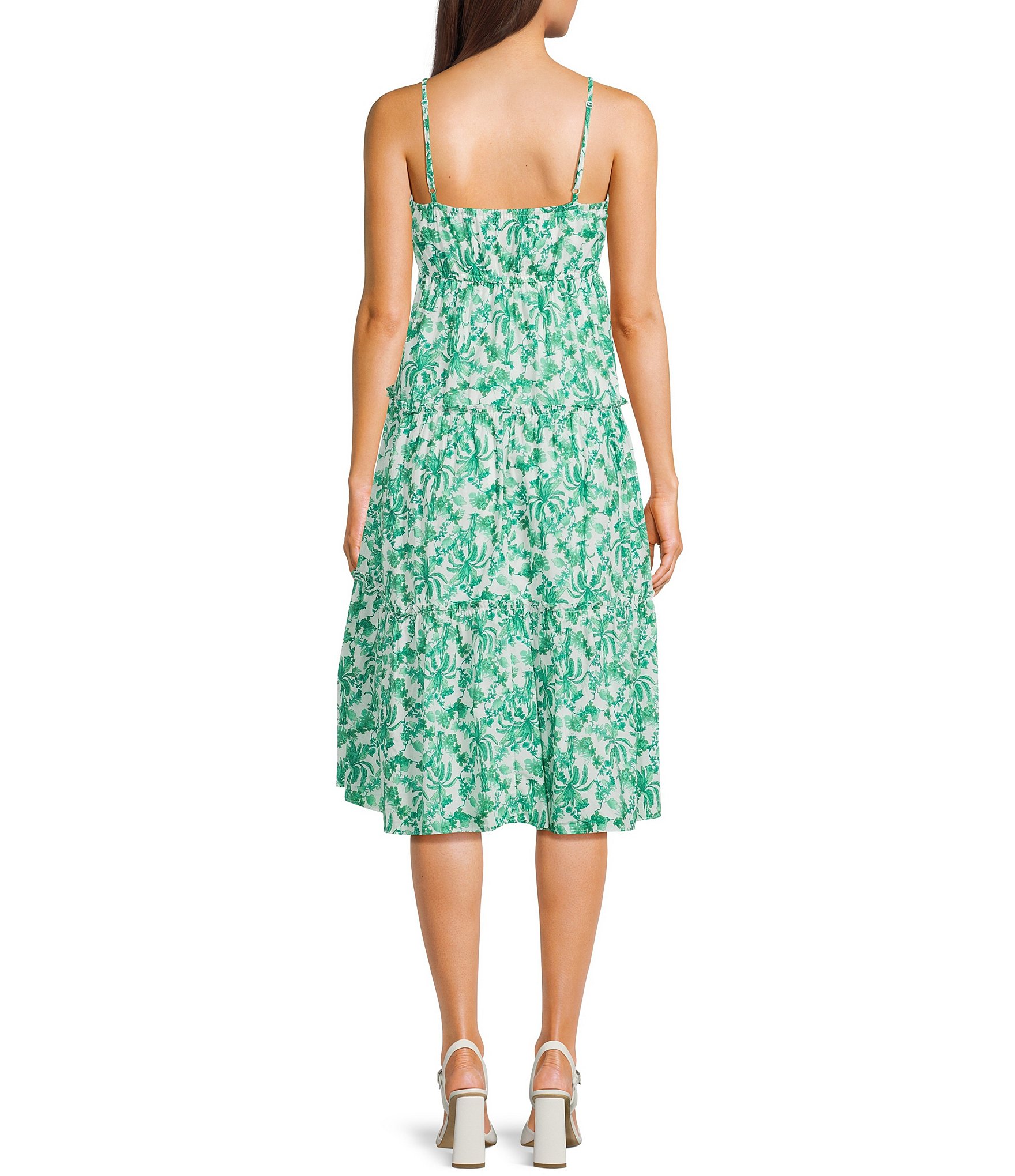 City Vibe Sleeveless Tropical Print Shirred Bandeau Bodice Empire Waist Midi Dress
