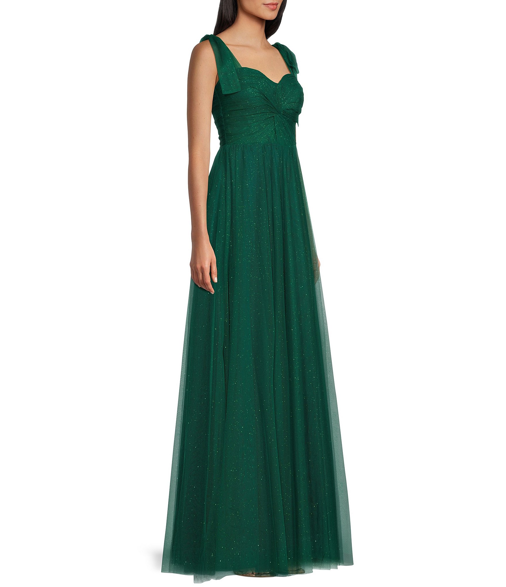 City Vibe Sweetheart Neck Twist Front Tie Straps Illusion Back Shirred Ballgown