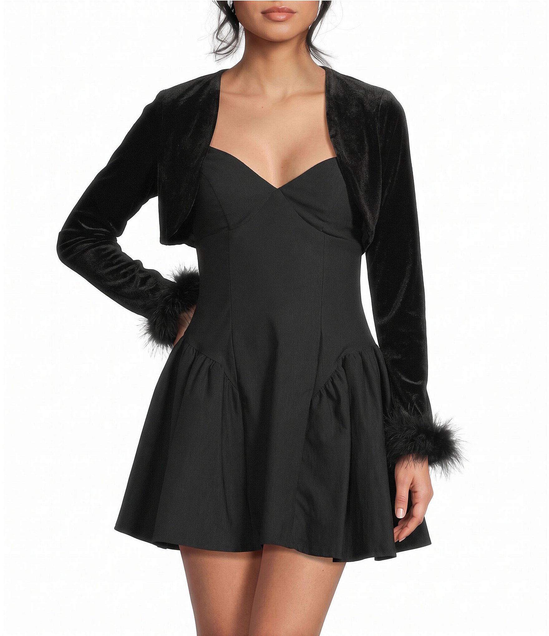 City Vibe Velvet Long Sleeve Faux Feather Trim Shrug