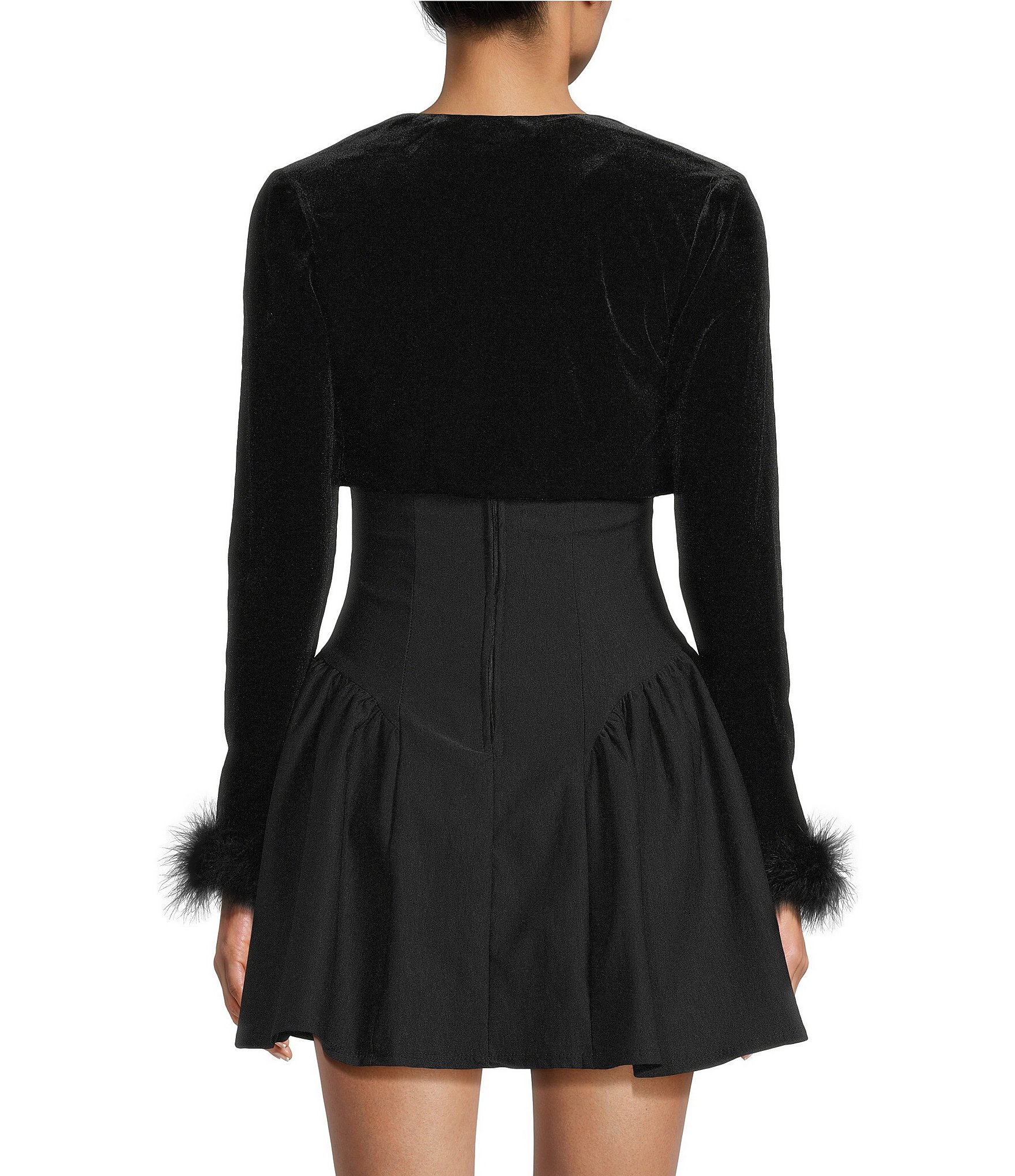 City Vibe Velvet Long Sleeve Faux Feather Trim Shrug