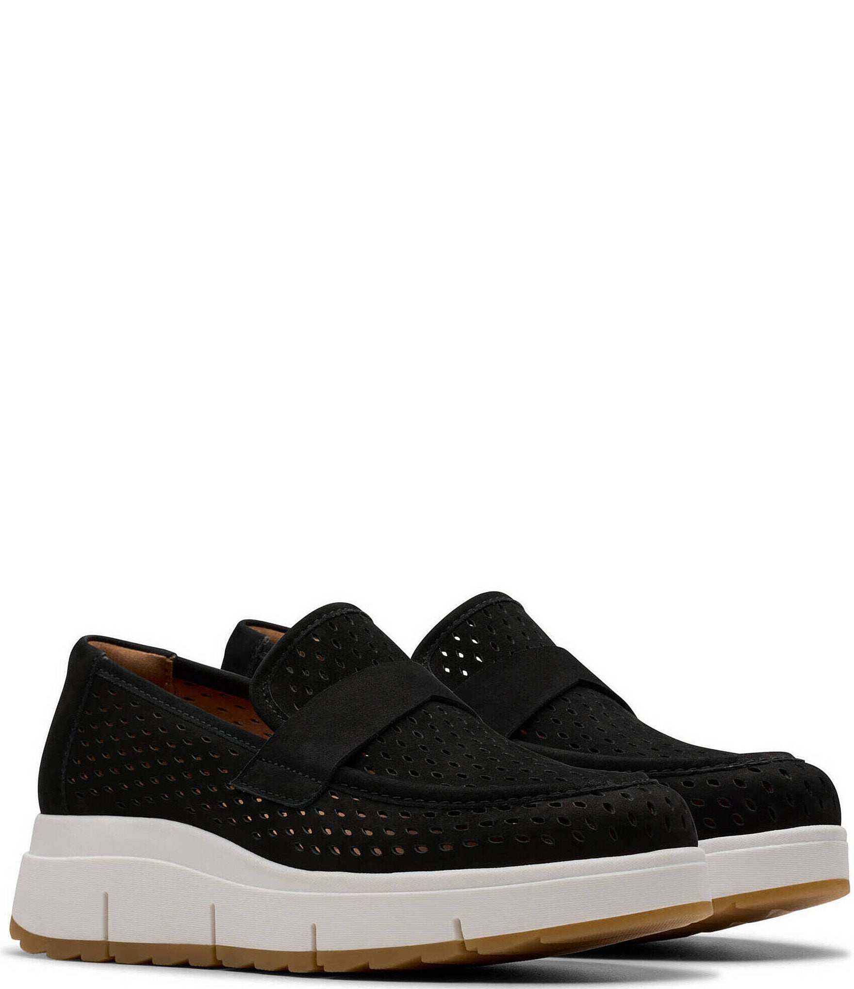 Clarks Artisan Loriini Edge Nubuck Suede Perforated Platform Wedge Loafers