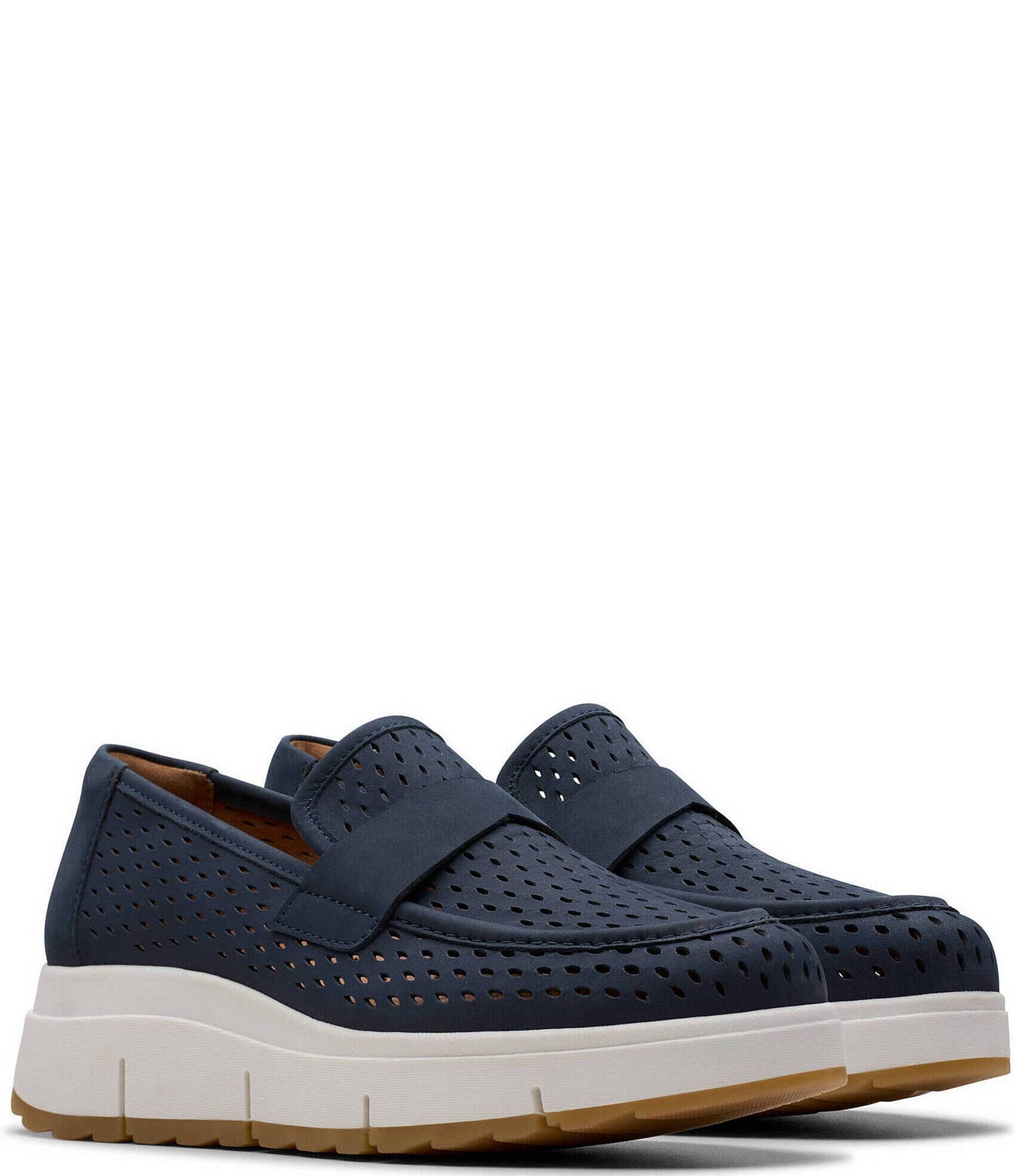 Clarks Artisan Loriini Edge Nubuck Suede Perforated Platform Wedge Loafers