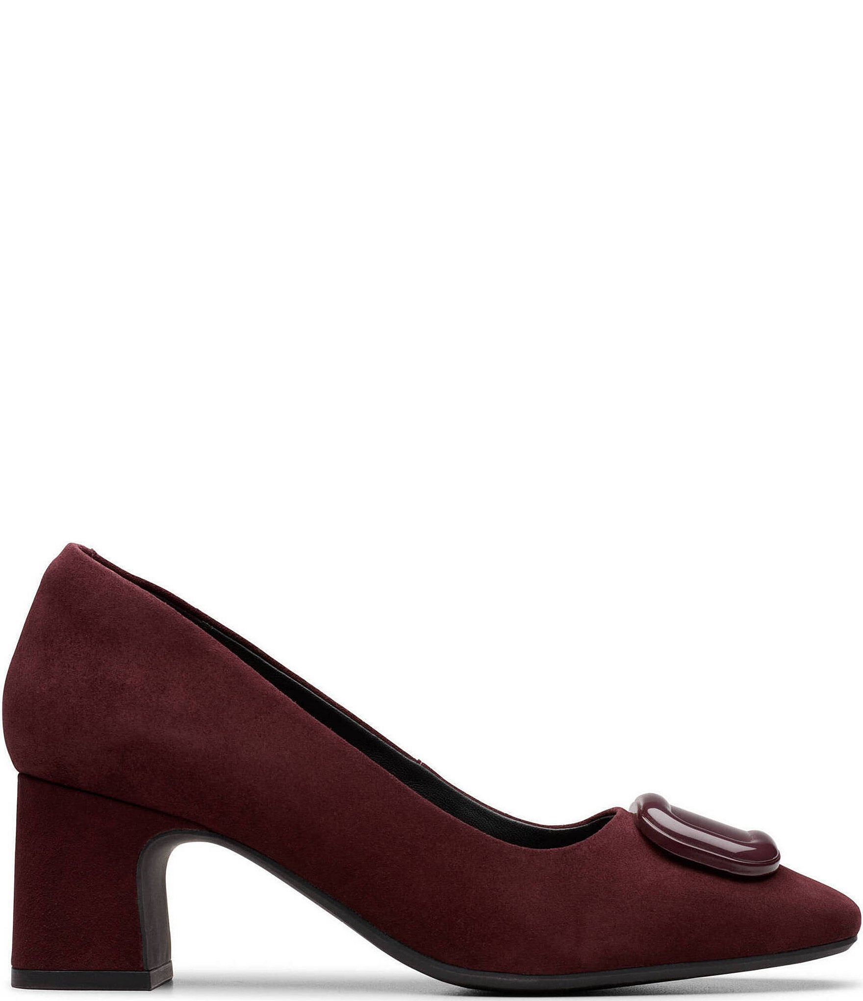 Clarks Signature Fernie Trim Suede Ornamented Block Heel Square Toe Pumps