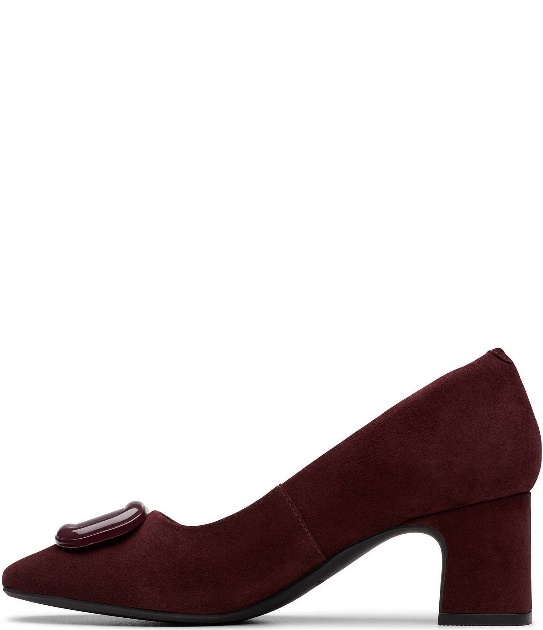 Clarks Signature Fernie Trim Suede Ornamented Block Heel Square Toe Pumps