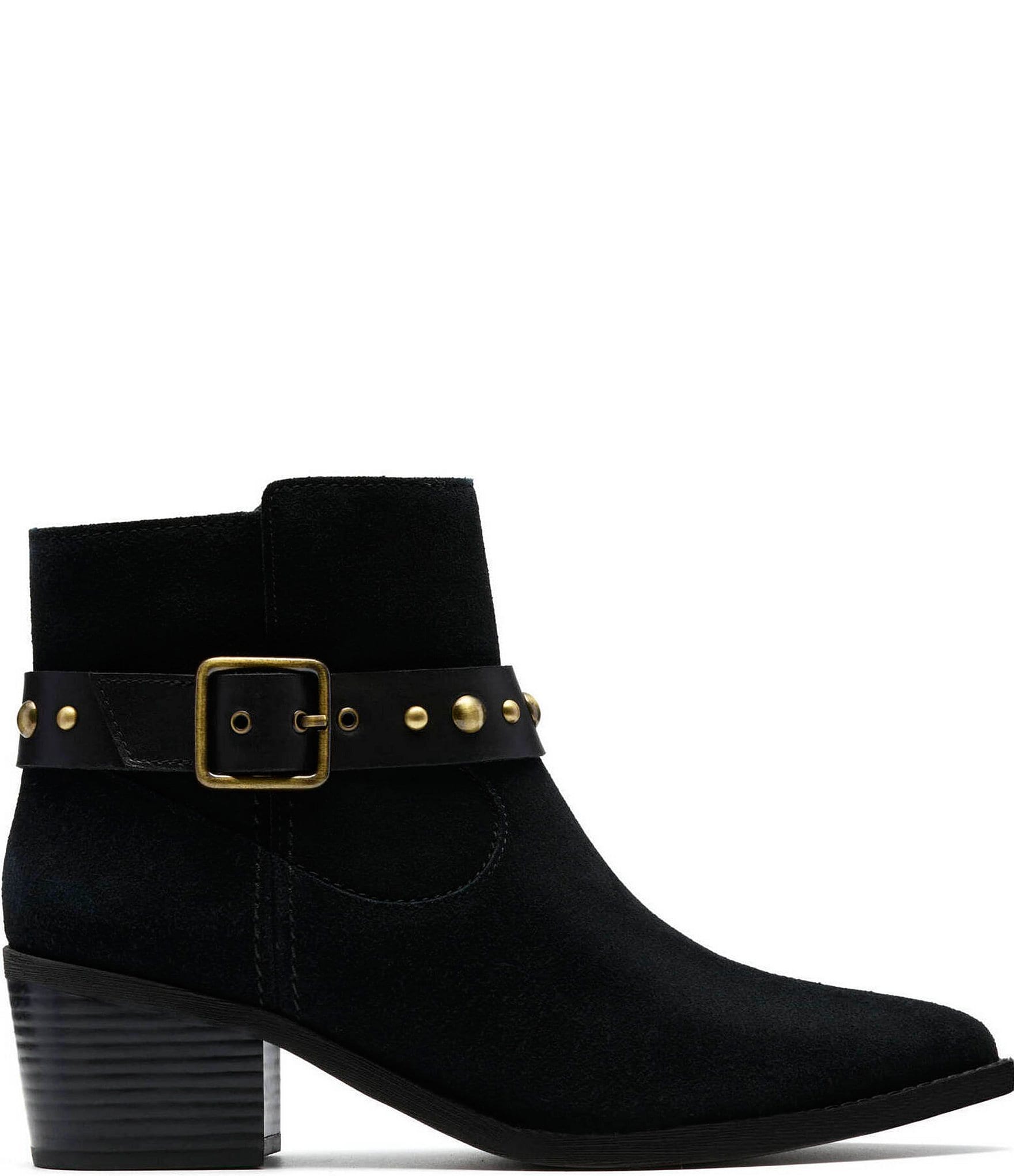 Clarks Signature Morzine Buckle Suede Studded Belt Ankle Booties