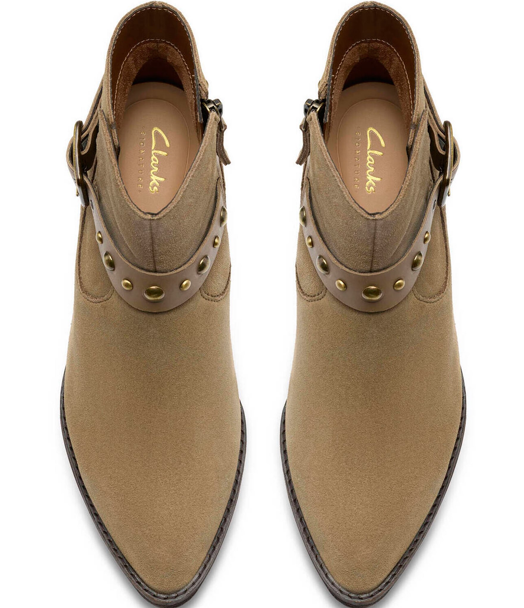 Clarks Signature Morzine Buckle Suede Studded Belt Ankle Booties