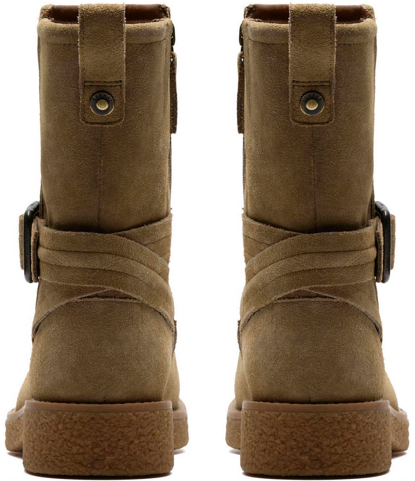 Clarks Artisan Nella Mid Suede Buckle Strap Booties