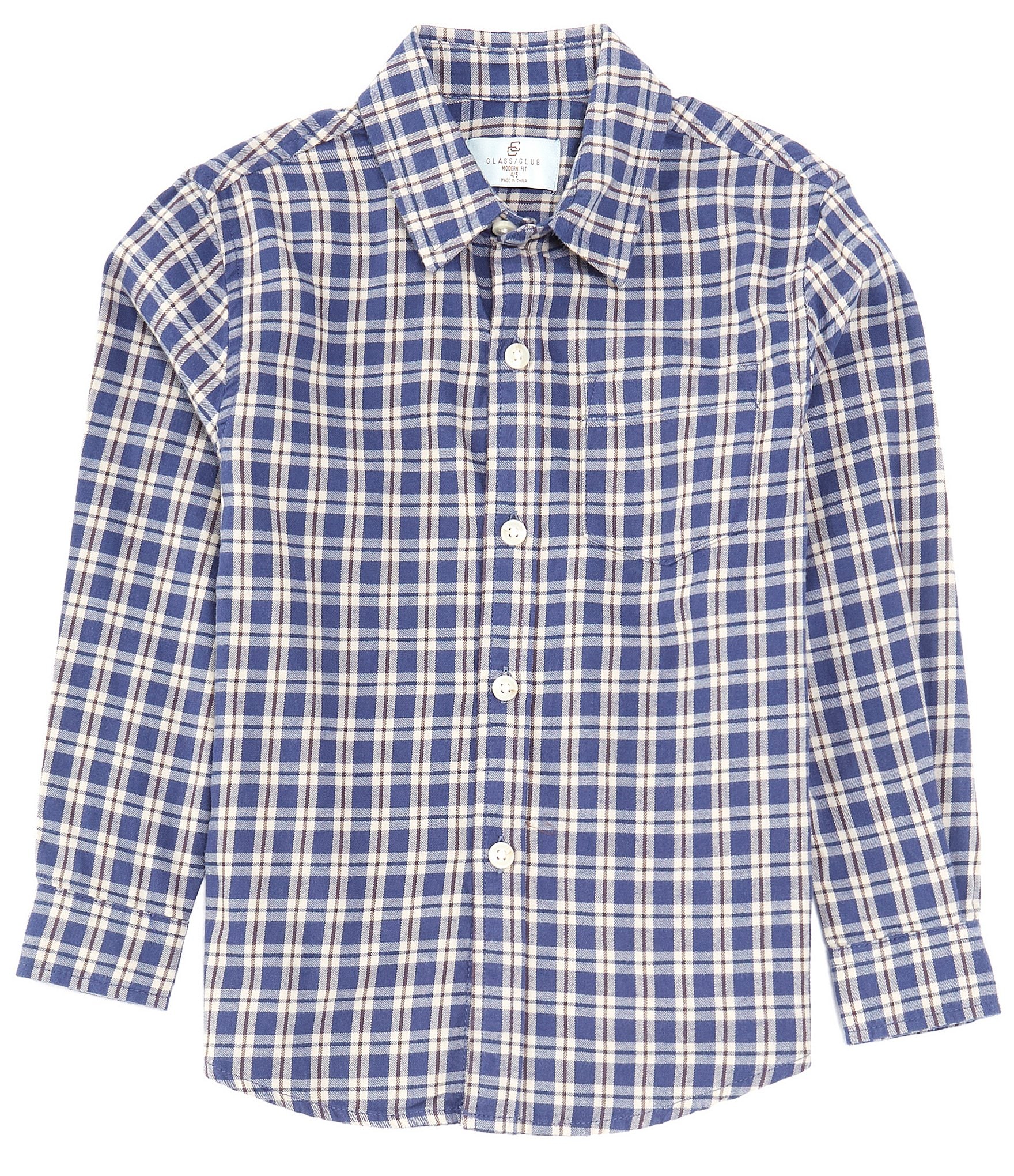 Class Club Little Boys 2T-7 Long Sleeve Blue Plaid Woven Sport Button ...