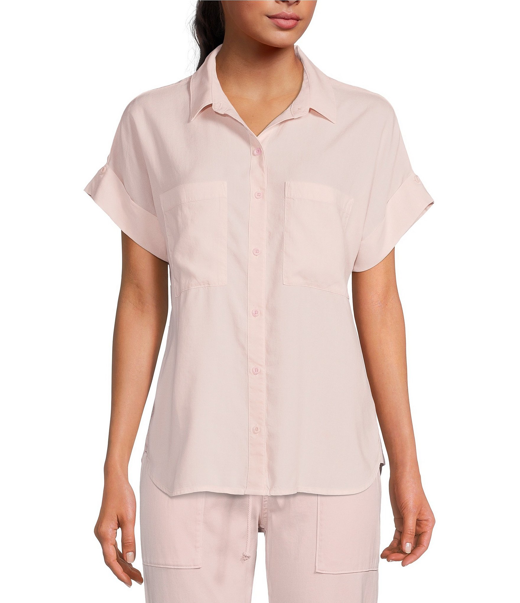 Cloth & Stone Woven Rolled Short Sleeve Point Collar Top | Dillard's