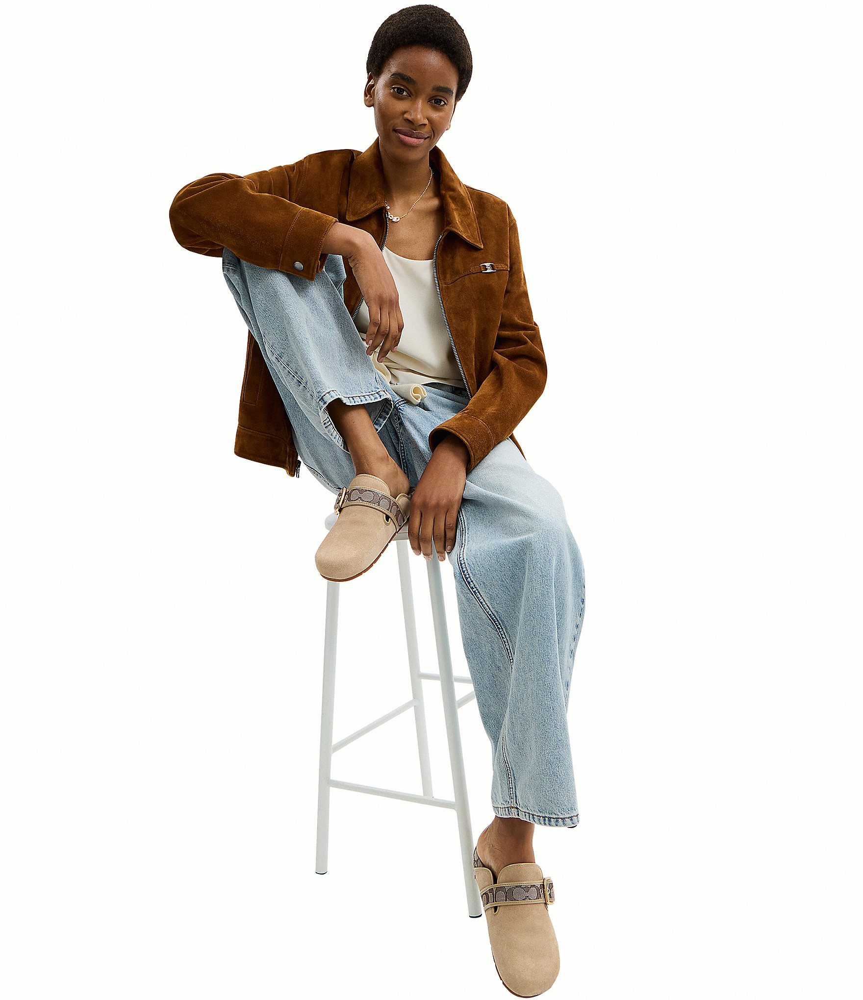 COACH Women's Archival Suede and Signature Jacquard Buckle Hardware Clogs