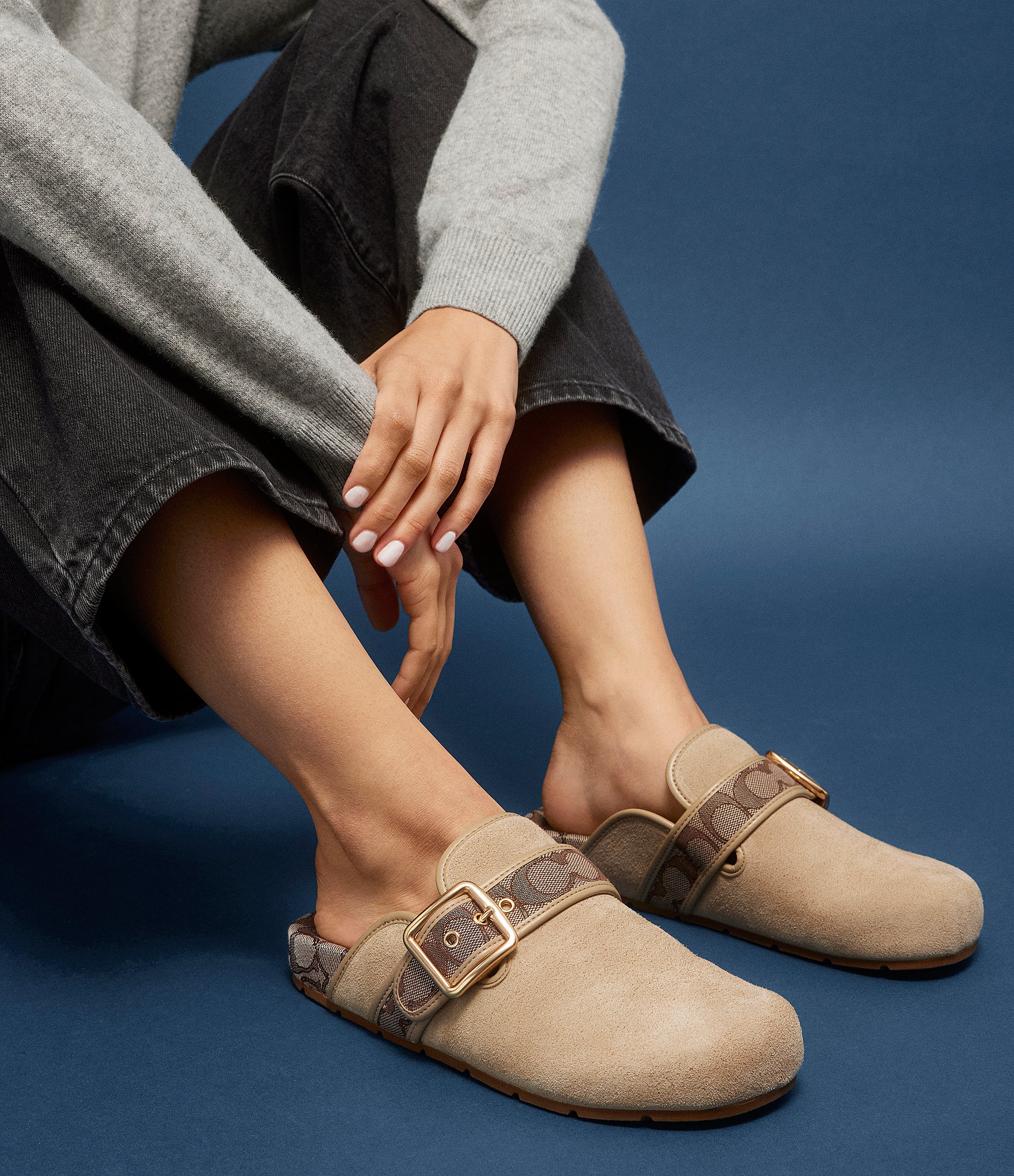 COACH Women's Archival Suede and Signature Jacquard Buckle Hardware Clogs