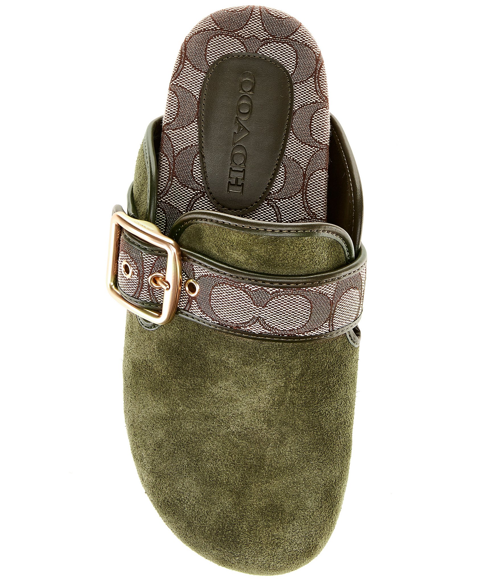 COACH Women's Archival Suede and Signature Jacquard Buckle Hardware Clogs