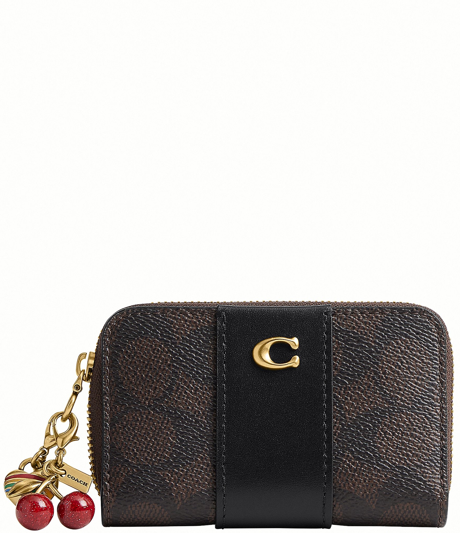 COACH Essential Small Zip Around Signature Canvas Cherry Heart Charm Card Case Wallet