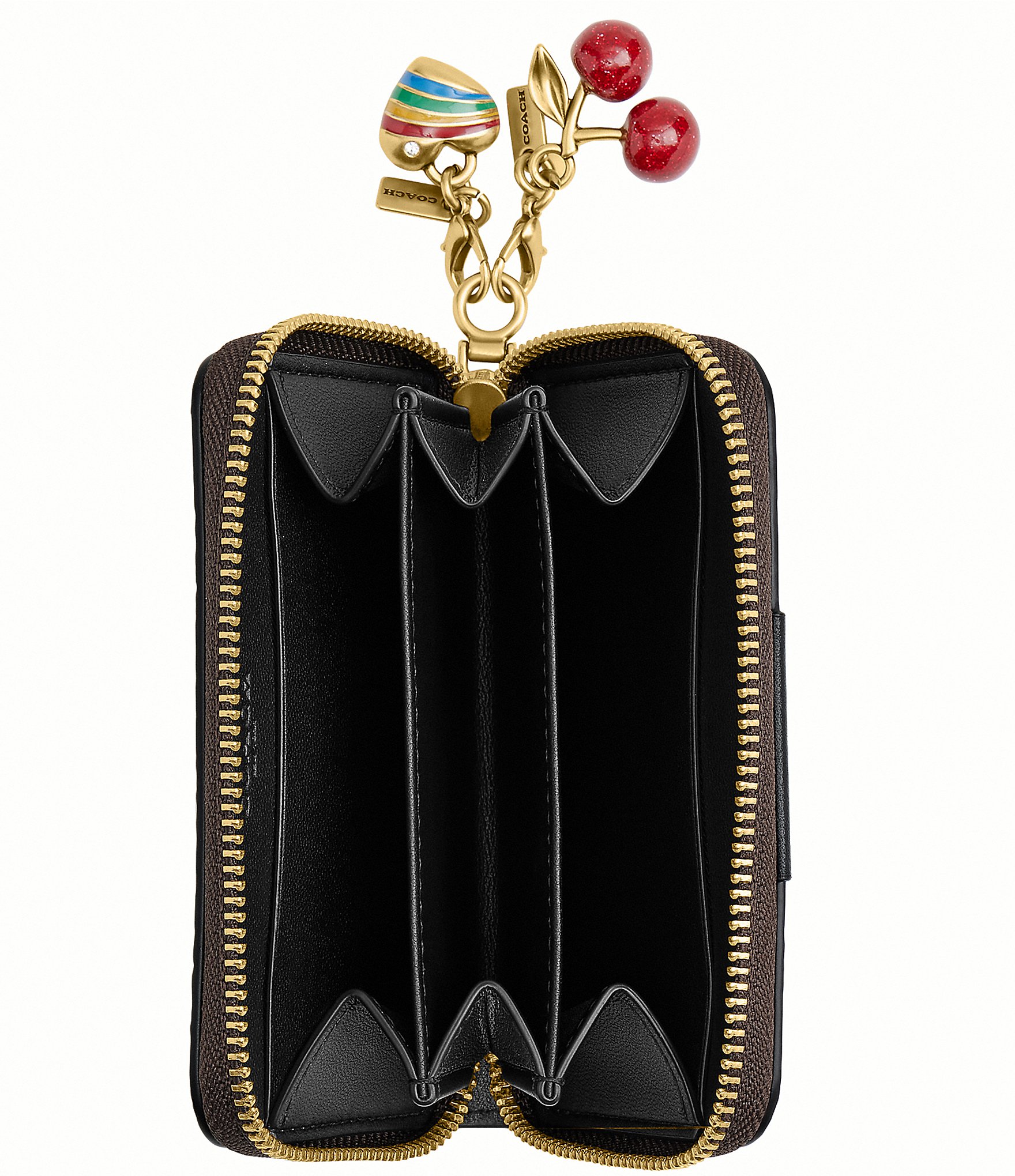 COACH Essential Small Zip Around Signature Canvas Cherry Heart Charm Card Case Wallet