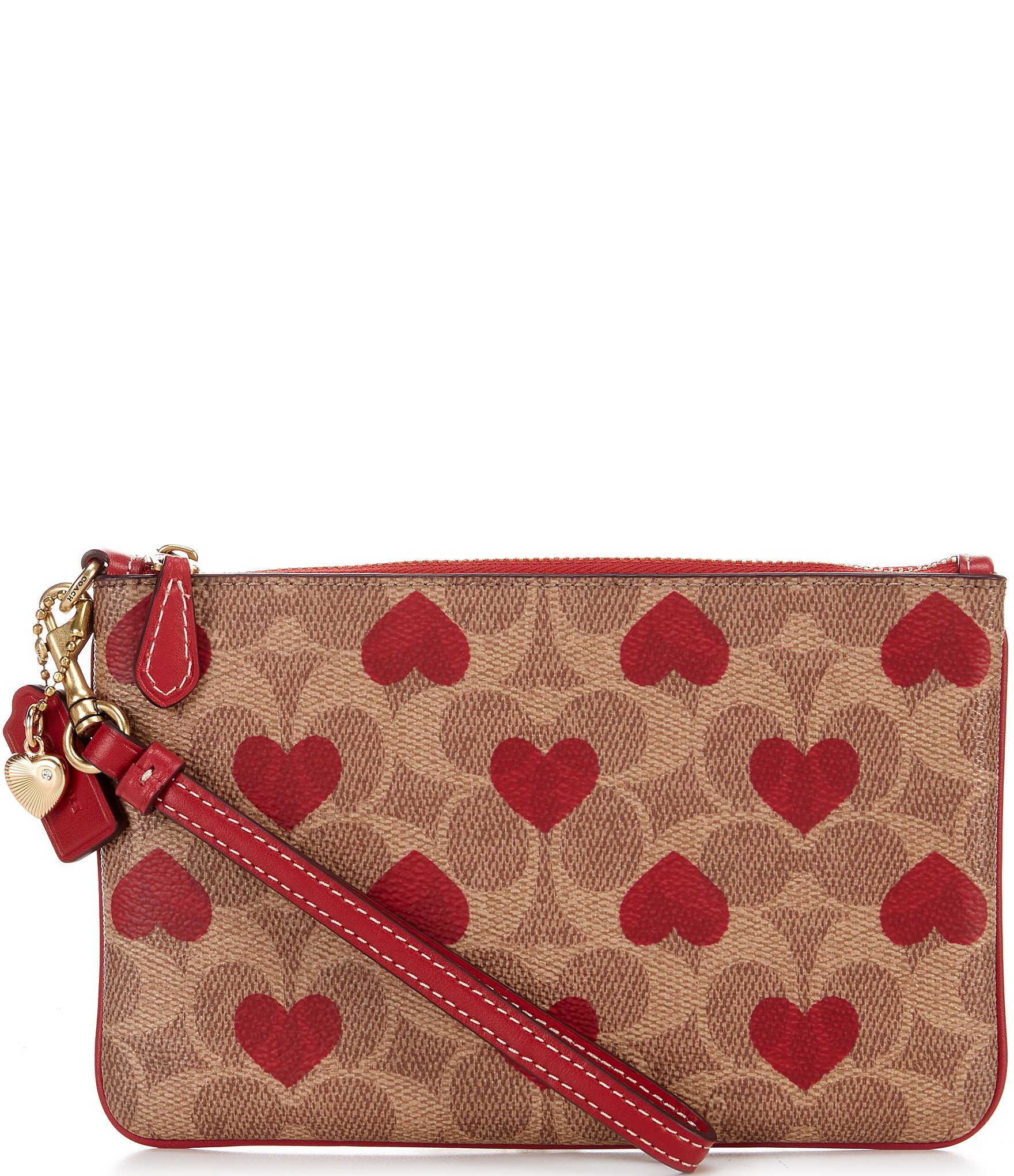 Coach Restored Heart Wristlet in Signature Canvas with Heart Print - Women's Wallets - Brass/Tan Red Apple