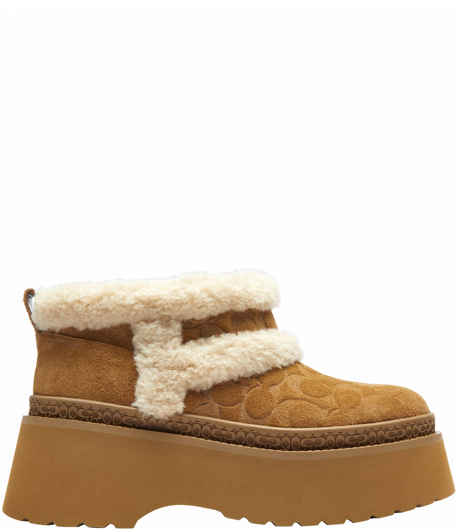 COACH Christina Signature Logo Suede Shearling Platform Booties