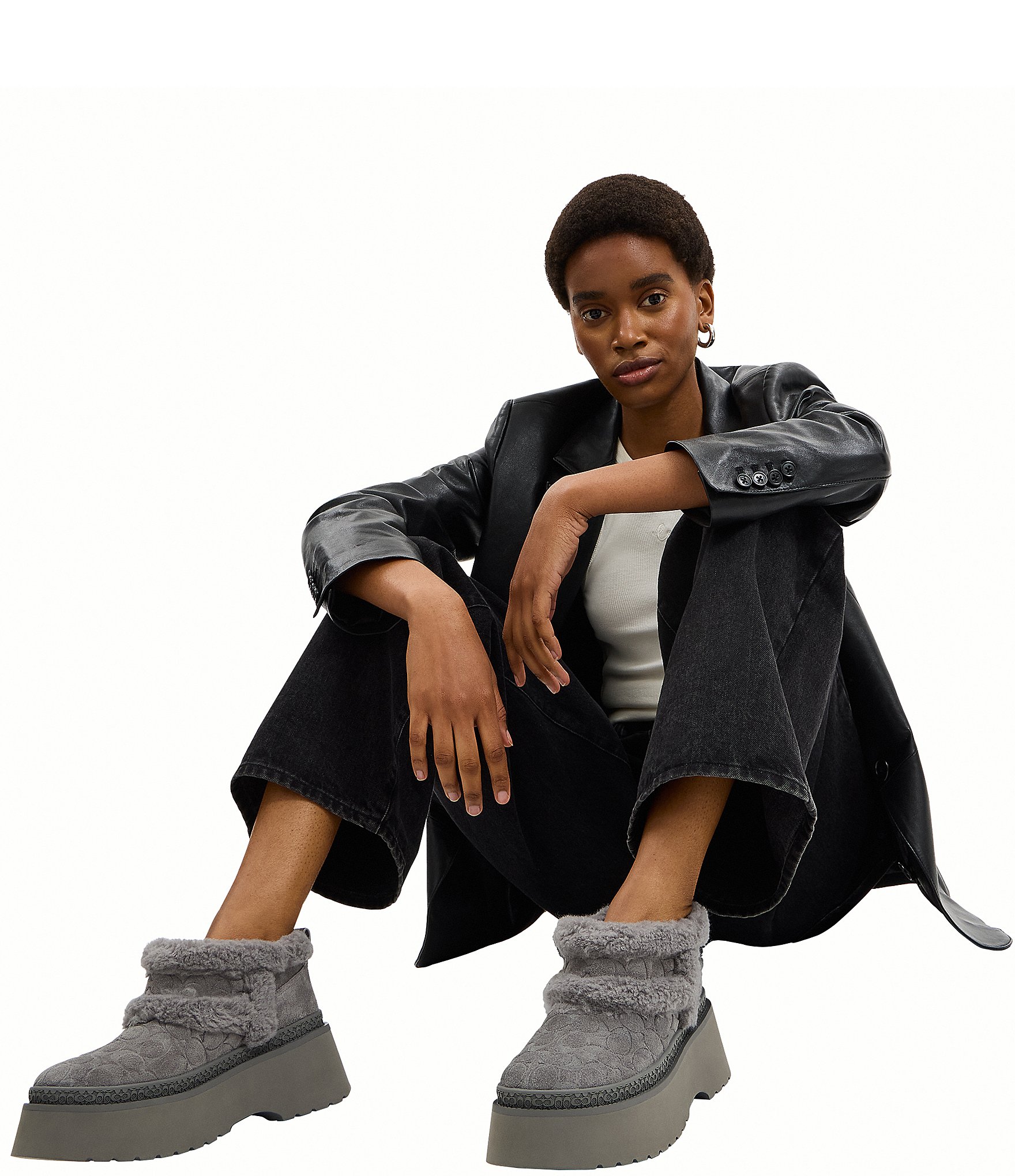 COACH Christina Signature Logo Suede Shearling Platform Booties