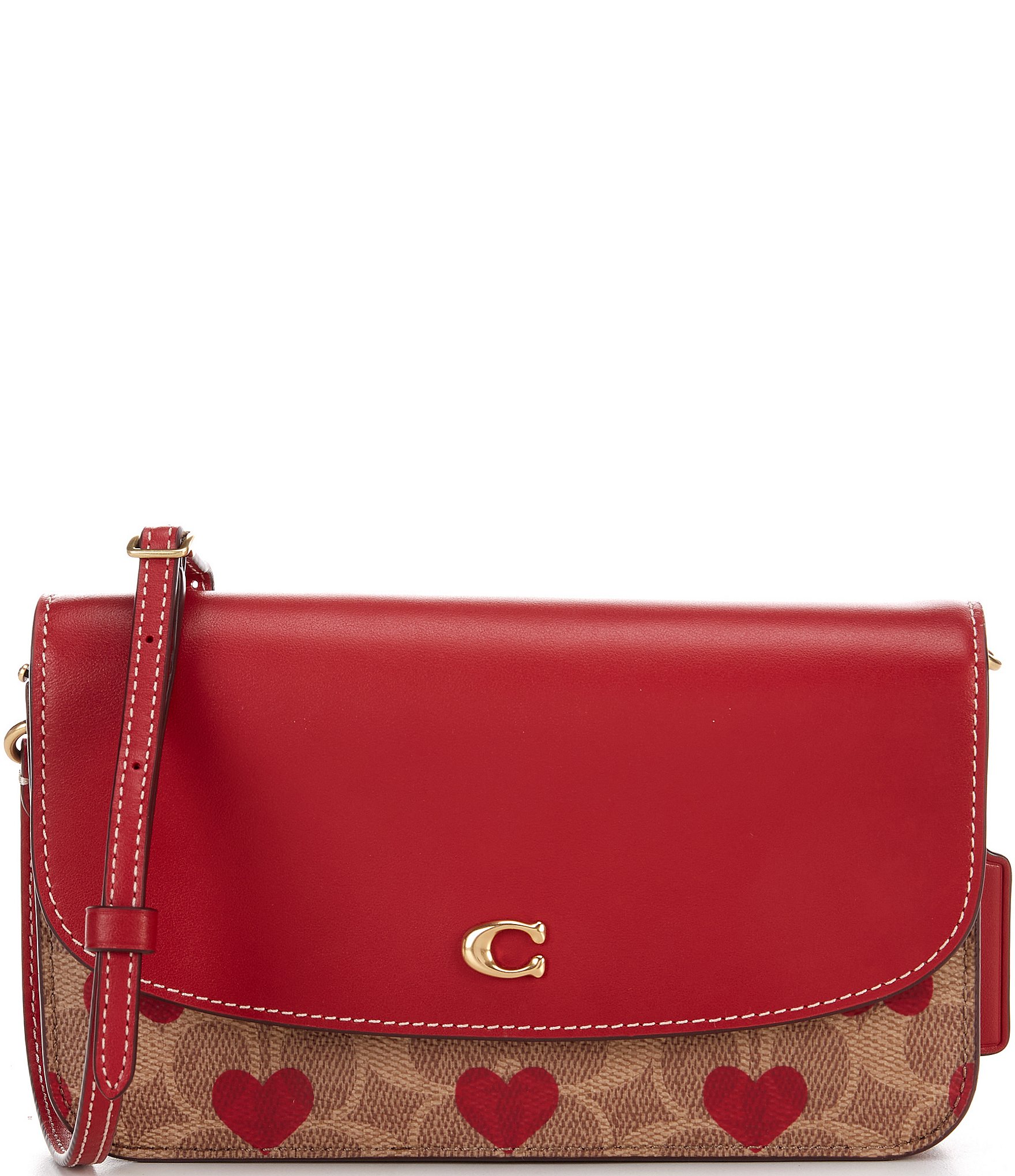 COACH Heart Zip Leather Chain Crossbody Bag in Red