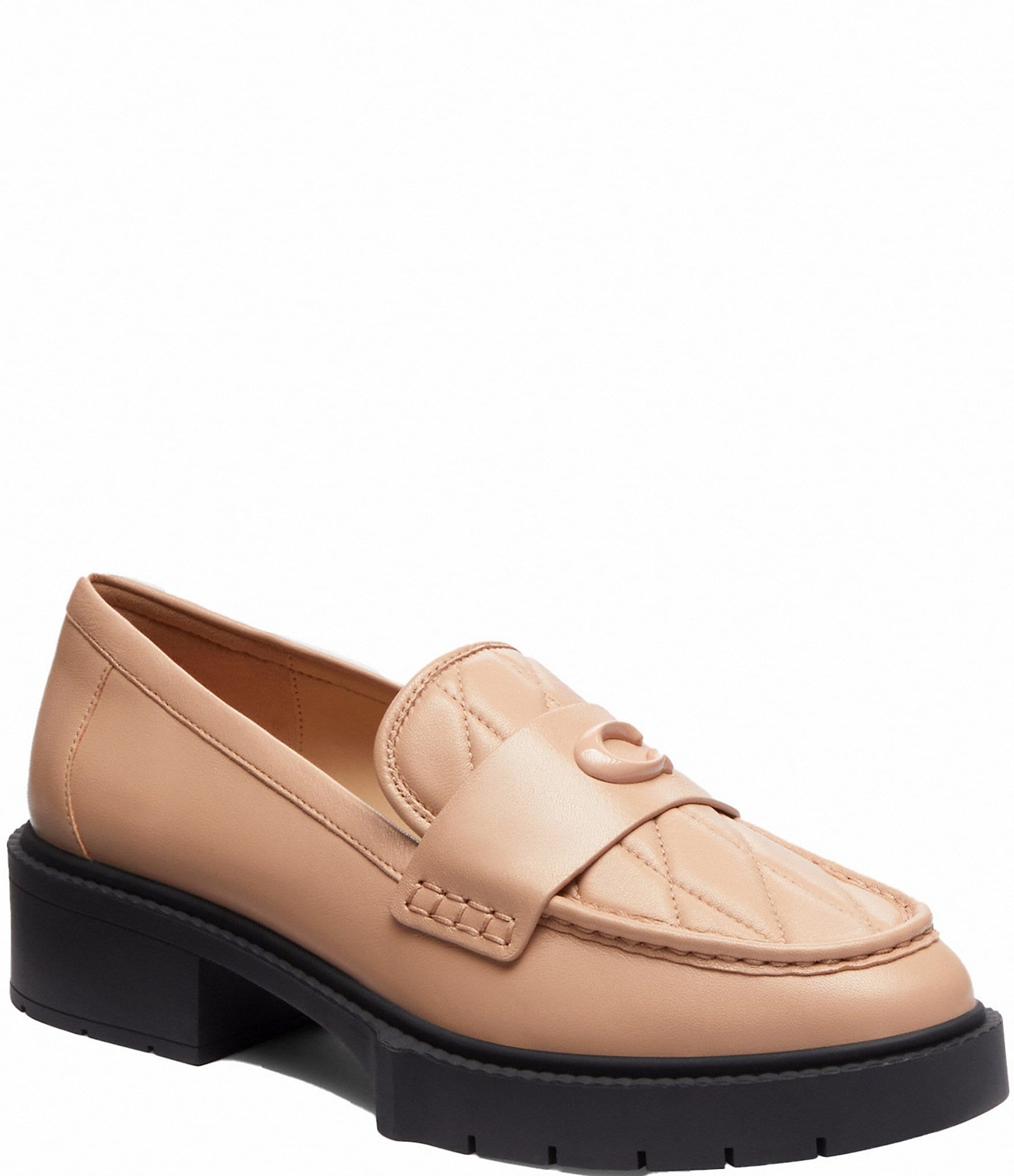 COACH Leah Leather Lug Sole Block Heel Platform Loafers