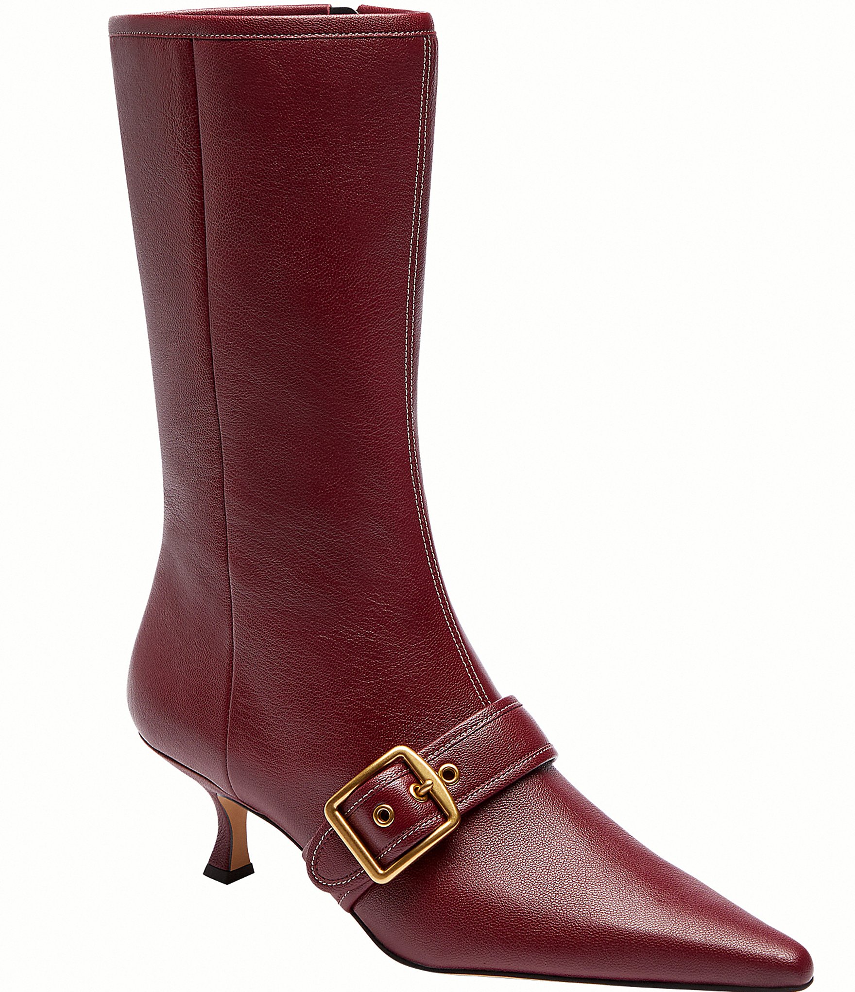 COACH Margot Leather Kitten Heel Buckle Mid Calf Boots