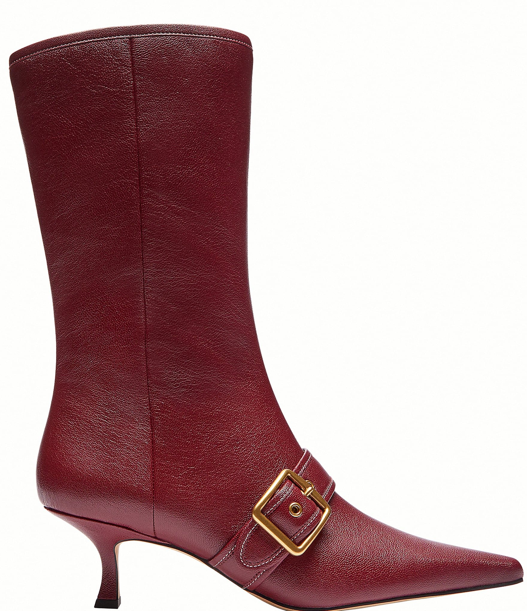 COACH Margot Leather Kitten Heel Buckle Mid Calf Boots