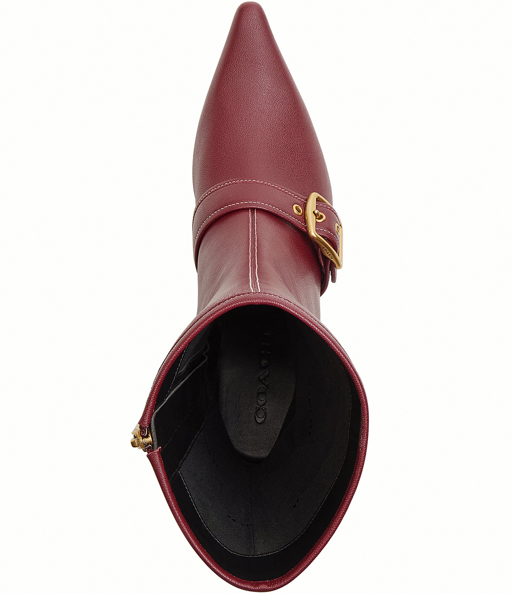 COACH Margot Leather Kitten Heel Buckle Mid Calf Boots