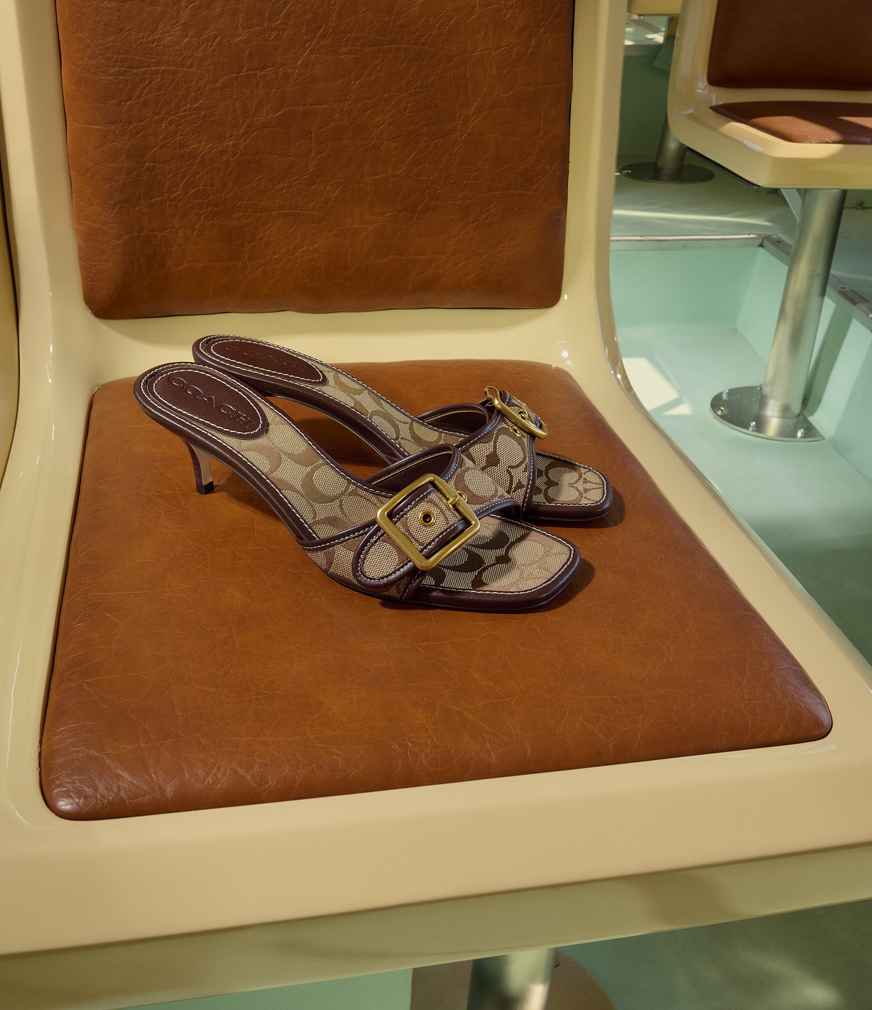 COACH Margot Signature Satin Leather Slip On Kitten Heel Sandals