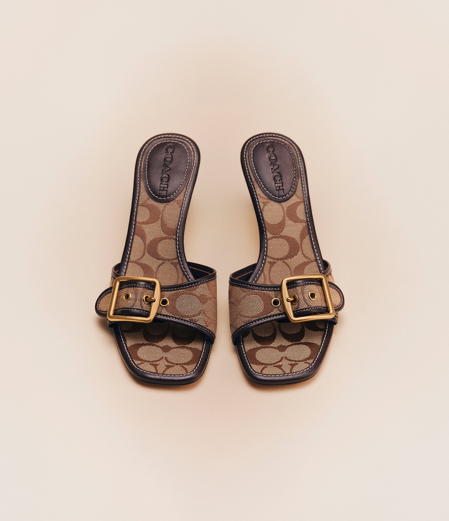 COACH Margot Signature Satin Leather Slip On Kitten Heel Sandals