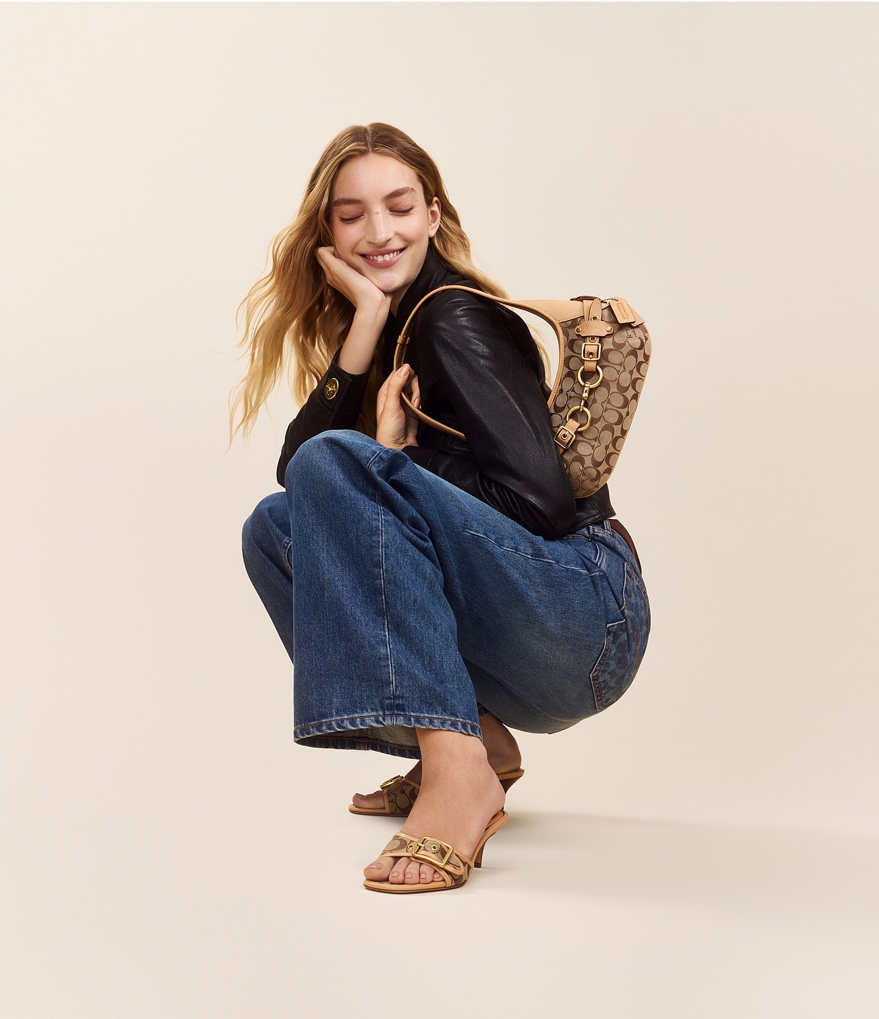 COACH Margot Signature Satin Leather Slip On Kitten Heel Sandals