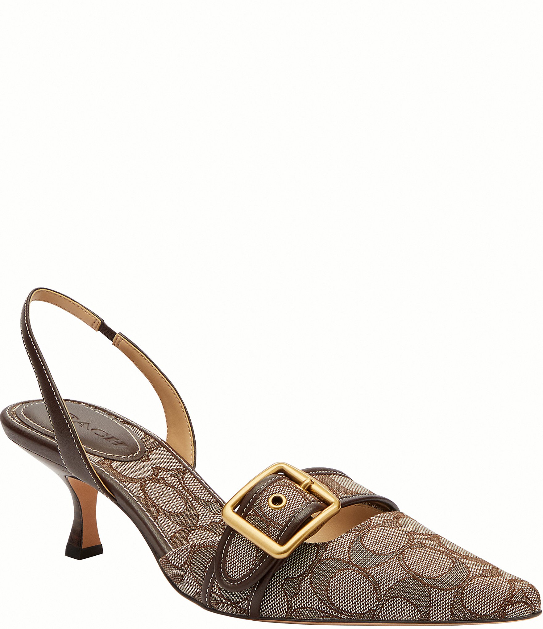 COACH Margot Signature Logo Jacquard Buckle Hardware Slingback Kitten Heel Pumps